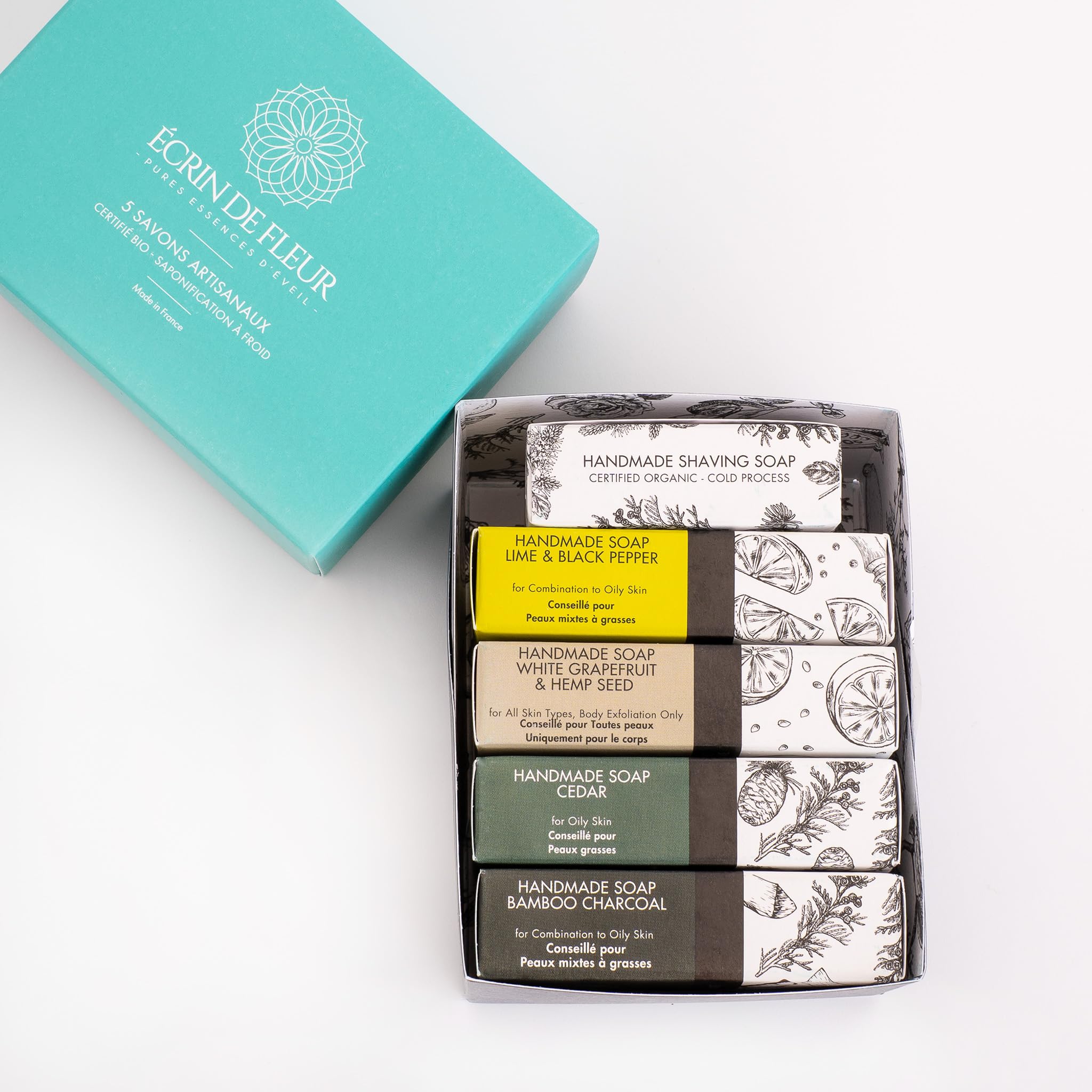 Cofanetto Saponi Biologici per Uomo, 5 Saponette Artigianali, Certificati COSMOS & Nature et Progrès, Cedro, Carbone, Lime, Sapone da Barba