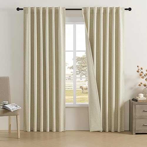 Miniatura 10 de DUALIFE - Cortinas de lino opacas beige de 54 pulgadas de largo, con pestaña trasera y bolsillo para cortinero, cortinas estrechas para dormitorio,