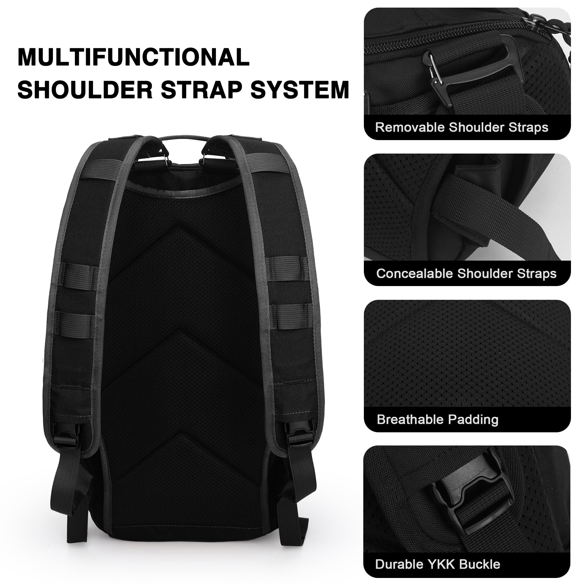 Mardingtop Zaino tattico da uomo da 25 l, piccolo con spallacci rimovibili, con sistema MOLLE, sistema di trasporto 3 in 1, per campeggio, lavoro, escursionismo
