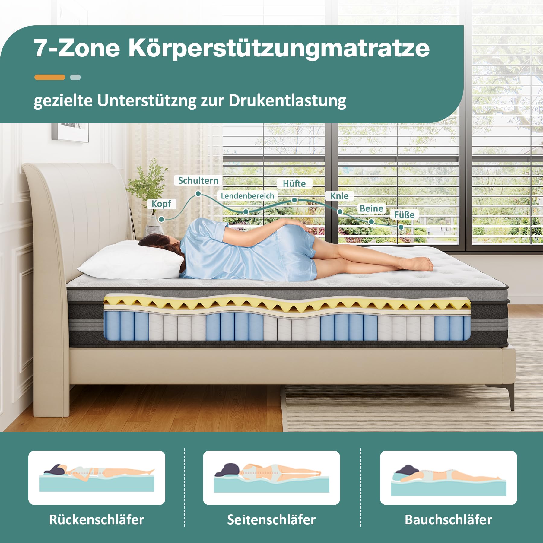 140x200 cm Matratze, 30cm höhe, H3 Taschenfederkernmatratze, Gel Memory Foam Hybrid, Taschenfederkern, Atmungsaktiv, Mittelfest, Druckentlastung, Federkernmatratzen Öko-Tex Zertifiziert