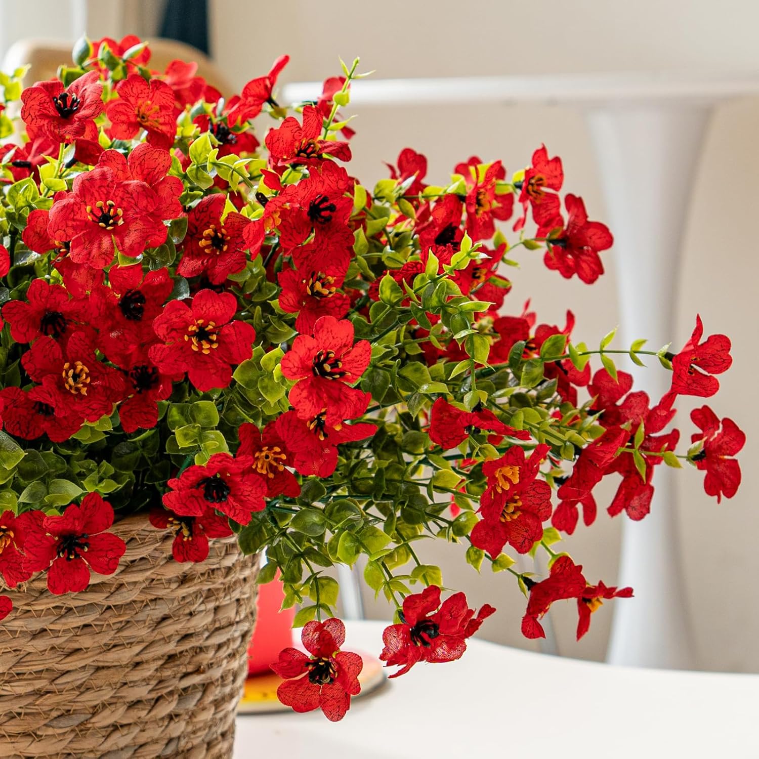DUYONE Artificial Flowers Outdoor,UV Resistant Realistic Garden Artificial Plants,Bright 16 Bundles No-Fade Veranda Fake Faux Flowers,for Porches Patios Walkway Gardens Decor-Red