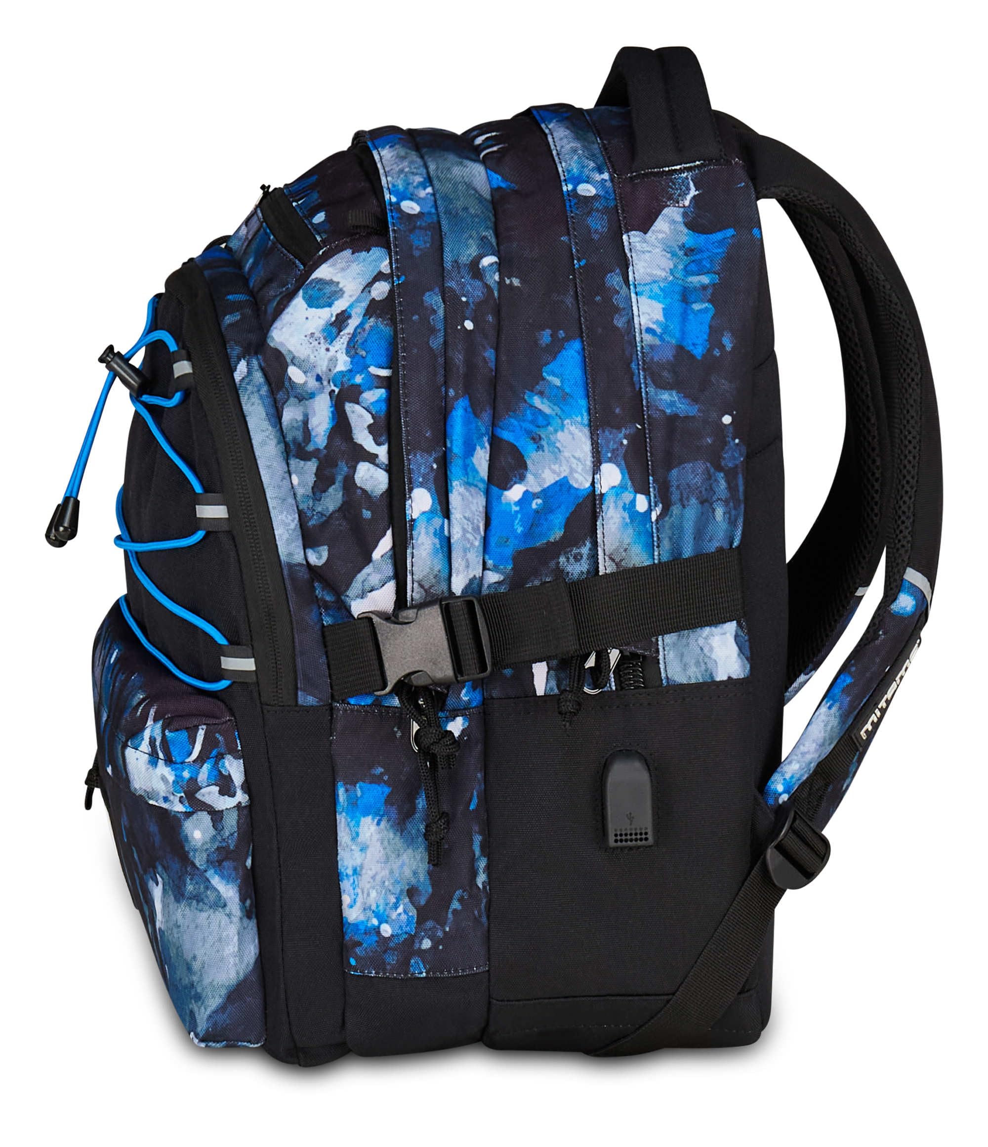 Mitama Zaino Scuola #BDBF BLUEDROPS, Blu, Zaino Triplo Scomparto, Tasca Porta Borraccia, Porta USB Integrata, Larghezza Regolabile, Zaino Scuola Media e Superiore, Ragazzo