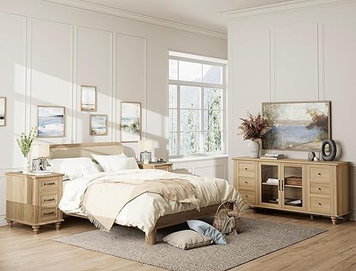 Miniatura 9 de WAMPAT Juego de 2 mesas auxiliares con estación de carga, mesa auxiliar de madera clara con cajón y armario de almacenamiento, mesita de noche de