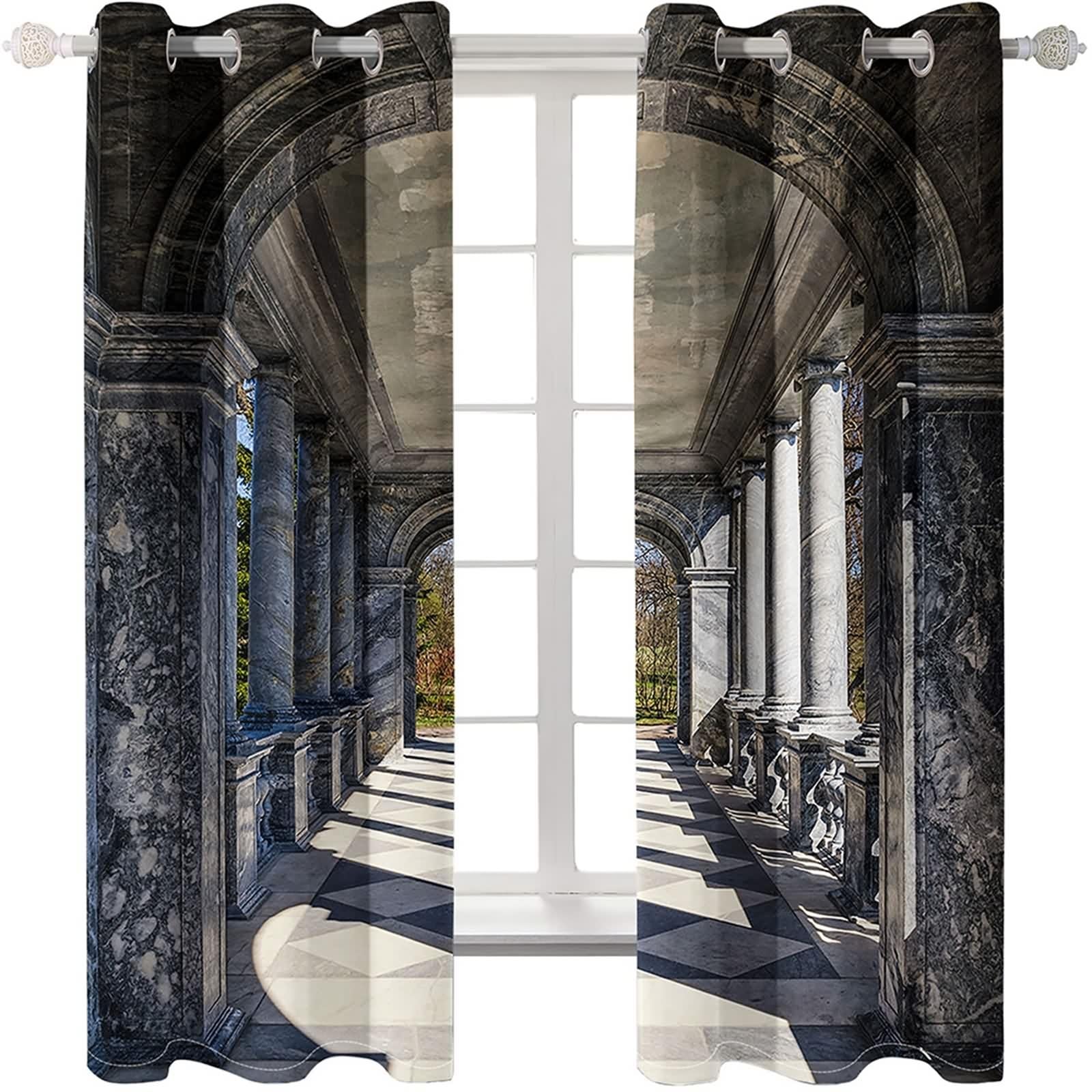 Rideau Gris Foncé, Rideaux Cuisine Moderne Polyester Architecture Rétro et Soleil 132L x 229H CM Lot de 2