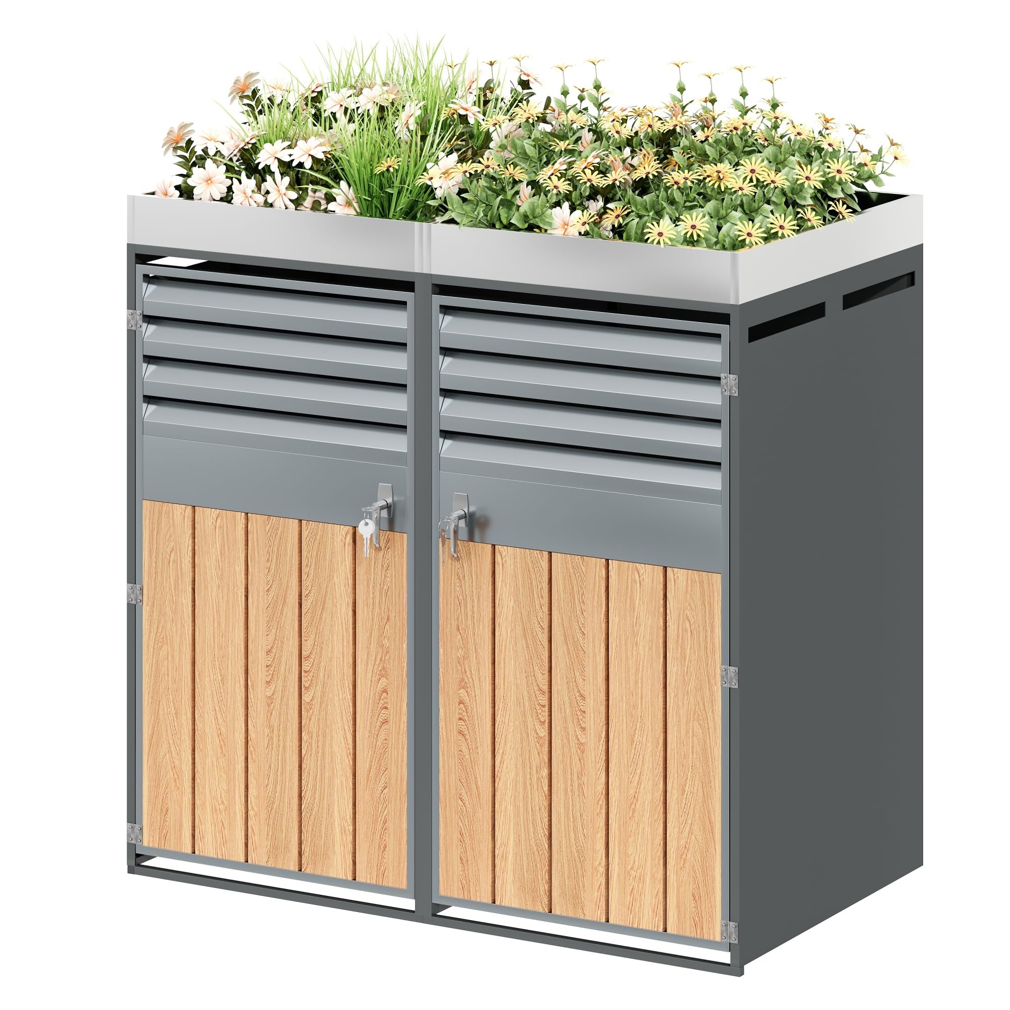HD26030404 - Lot de 2 cache-poubelles avec aspect bois - Bandes visibles et surface de plantation - Jusqu'à 240 l - Verrouillable - En acier galvanisé - 132 x 80 x 124,5 cm - Gris