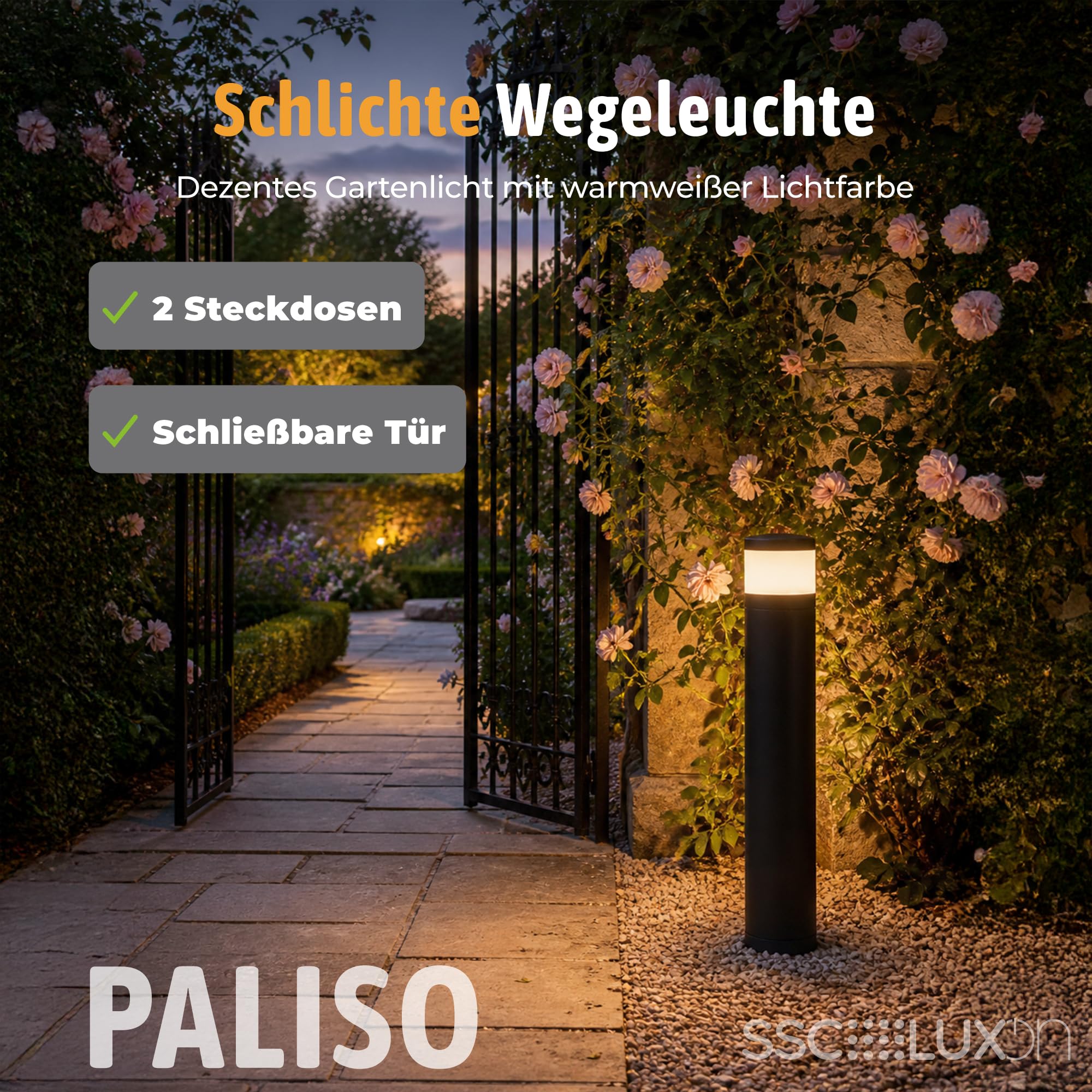 SSC-LUXon PALISO Energiesäule Garten mit Licht und 2 Steckdosen outdoor - schwarze Pollerleuchte außen led IP44 inkl. G9 3W warmweiß
