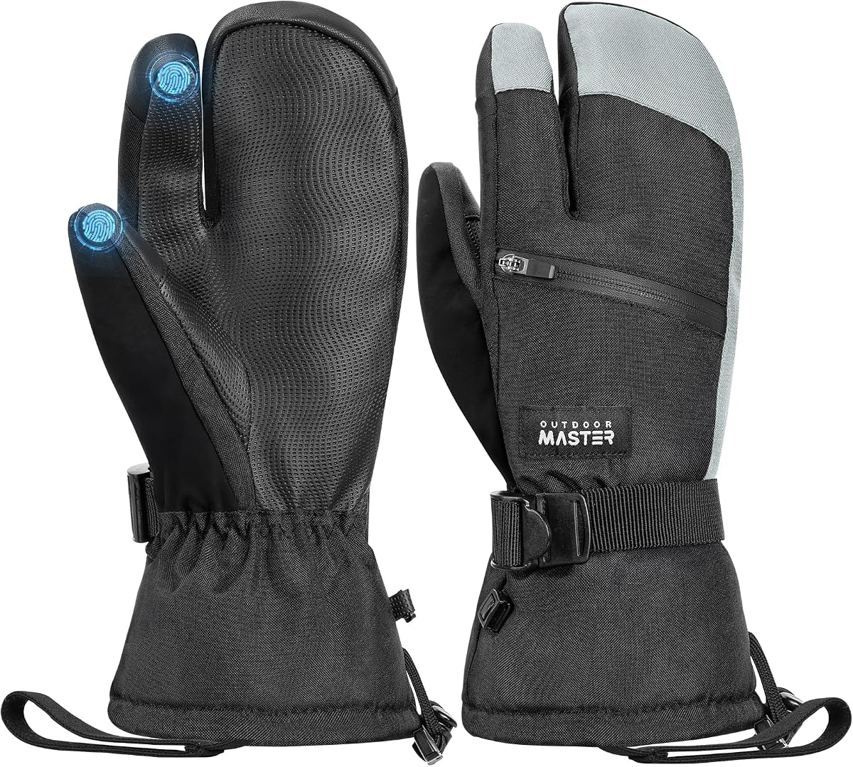 OutdoorMaster 3-Finger Ski Snow Gloves for Women & Men, Cold Weather Sports | 140g Thermal Cotton, Waterproof & Windproof Ski Mittens,Double-Pocket, Screen Touch, Non-slip Palm, Anti-lost Design