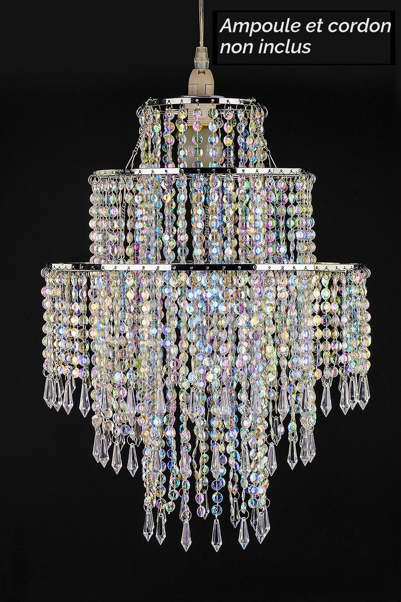 Waneway Pendentif chrome large 3 niveaux avec billes étincelantes, abat-jour chandelier de plafond avec gouttelettes bijoux en acrylique, diamètre 32 cm, claire