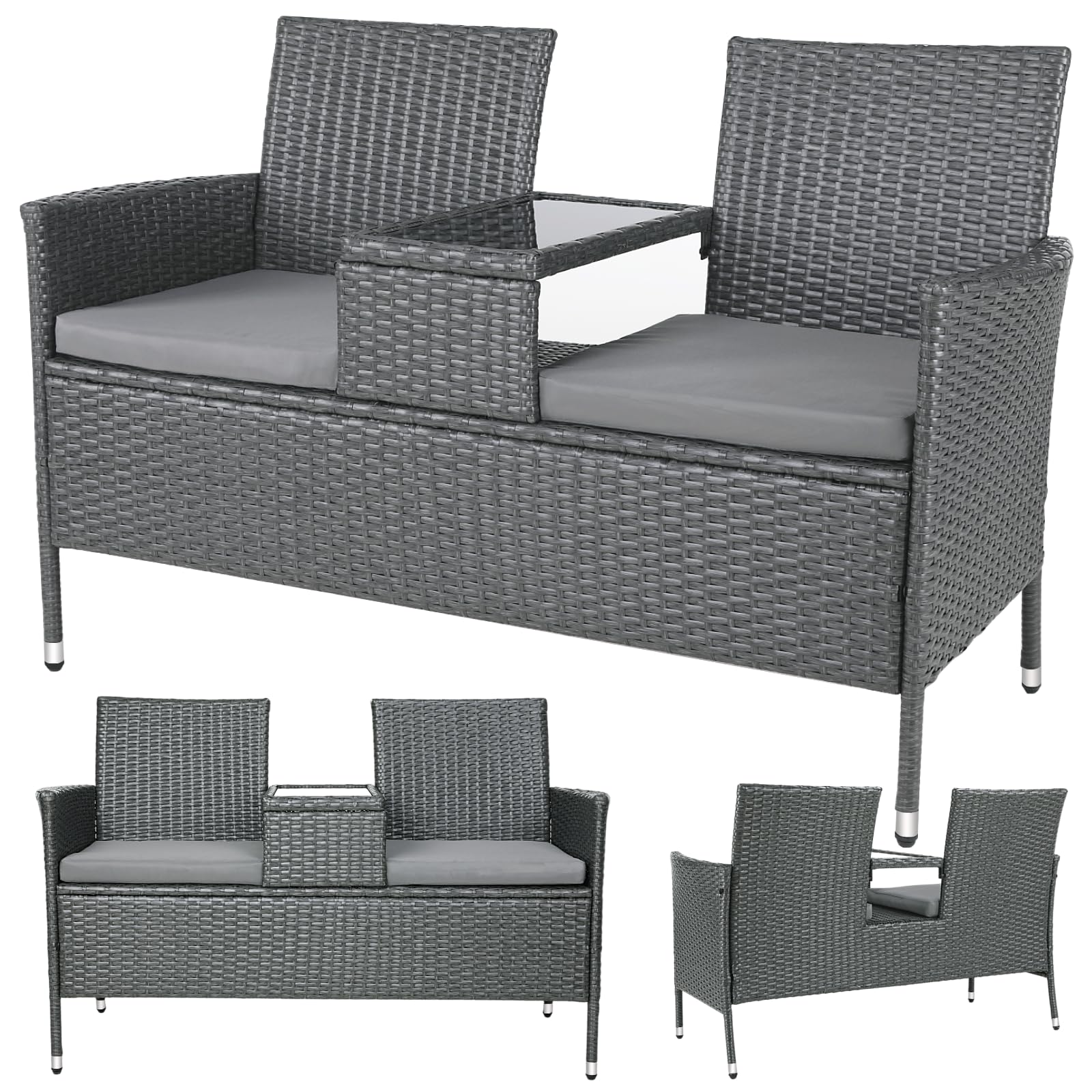 TLSUNNY Banc de Jardin 2 Places en Rotin, Salon Balcon avec Coussins
