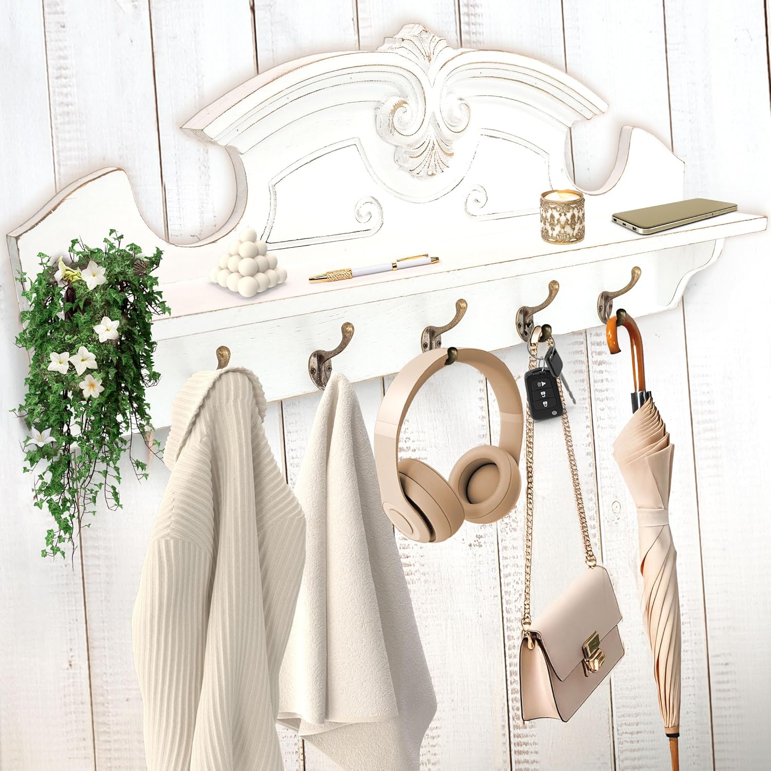Coat Hanger Wall Mount with Shelf - Gorgeous 24" Farmhouse Coat Rack Wall Mount with Shelf with Hooks for Entryway - Wall Mounted Coat Rack for Wall Hanging Coats, Jackets, Purses, Keys (White) Rustic White