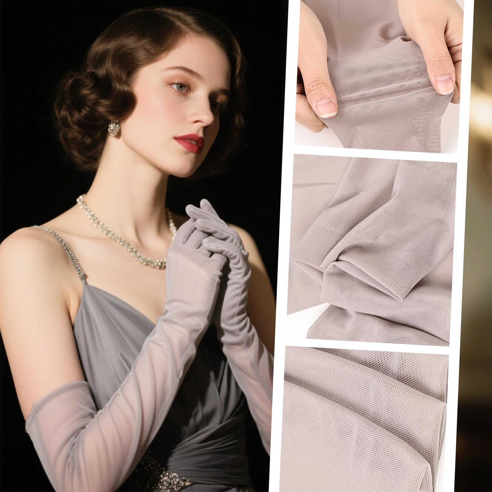 THARAHT Women Long Gloves with Satin Elbow Length for 1920s Opera Tea Party Costumes Bridal Evening Dress: Tulle Gray