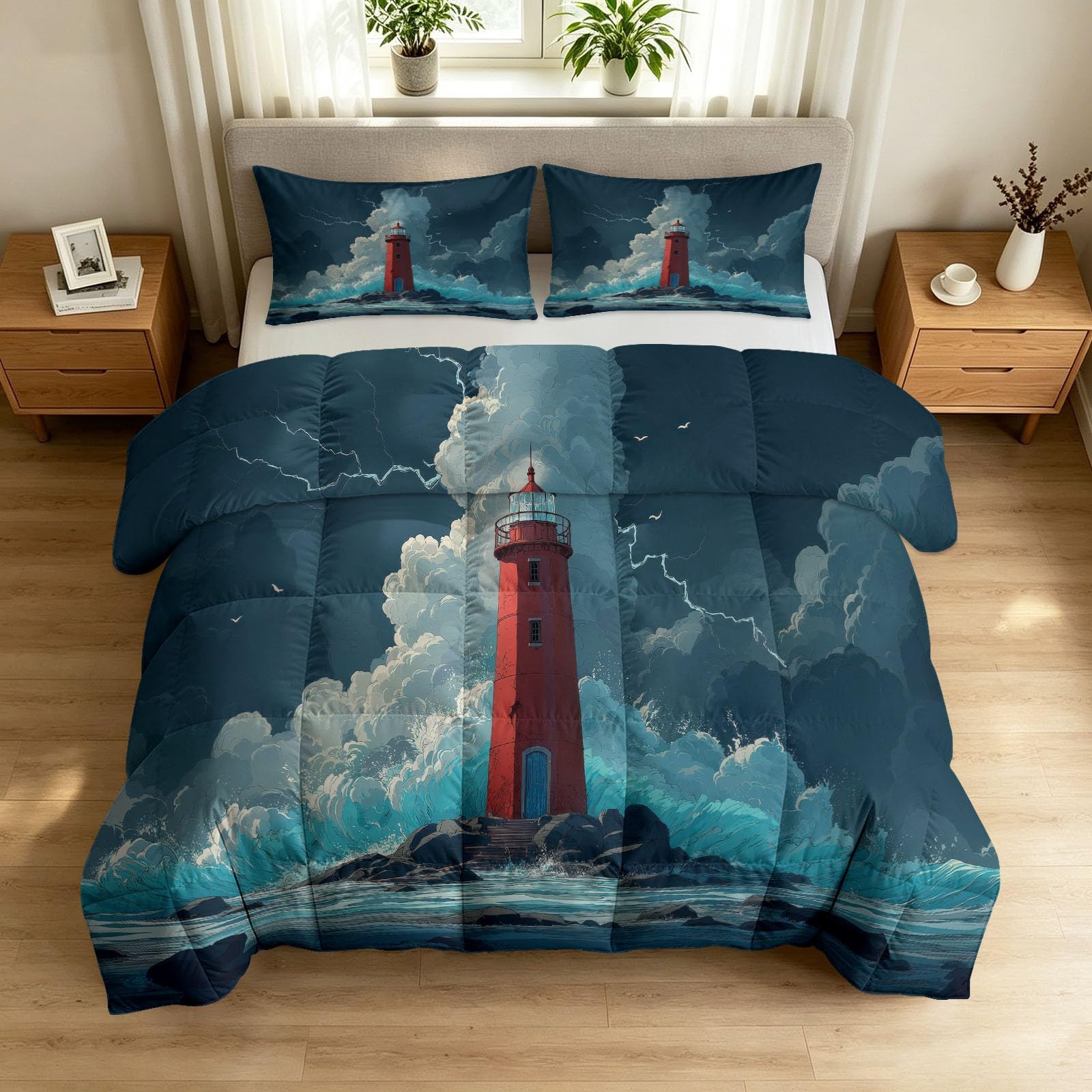 Couette d'été enfant 200x200 cm avec 2 taies d'oreiller motif maritime éphémère
