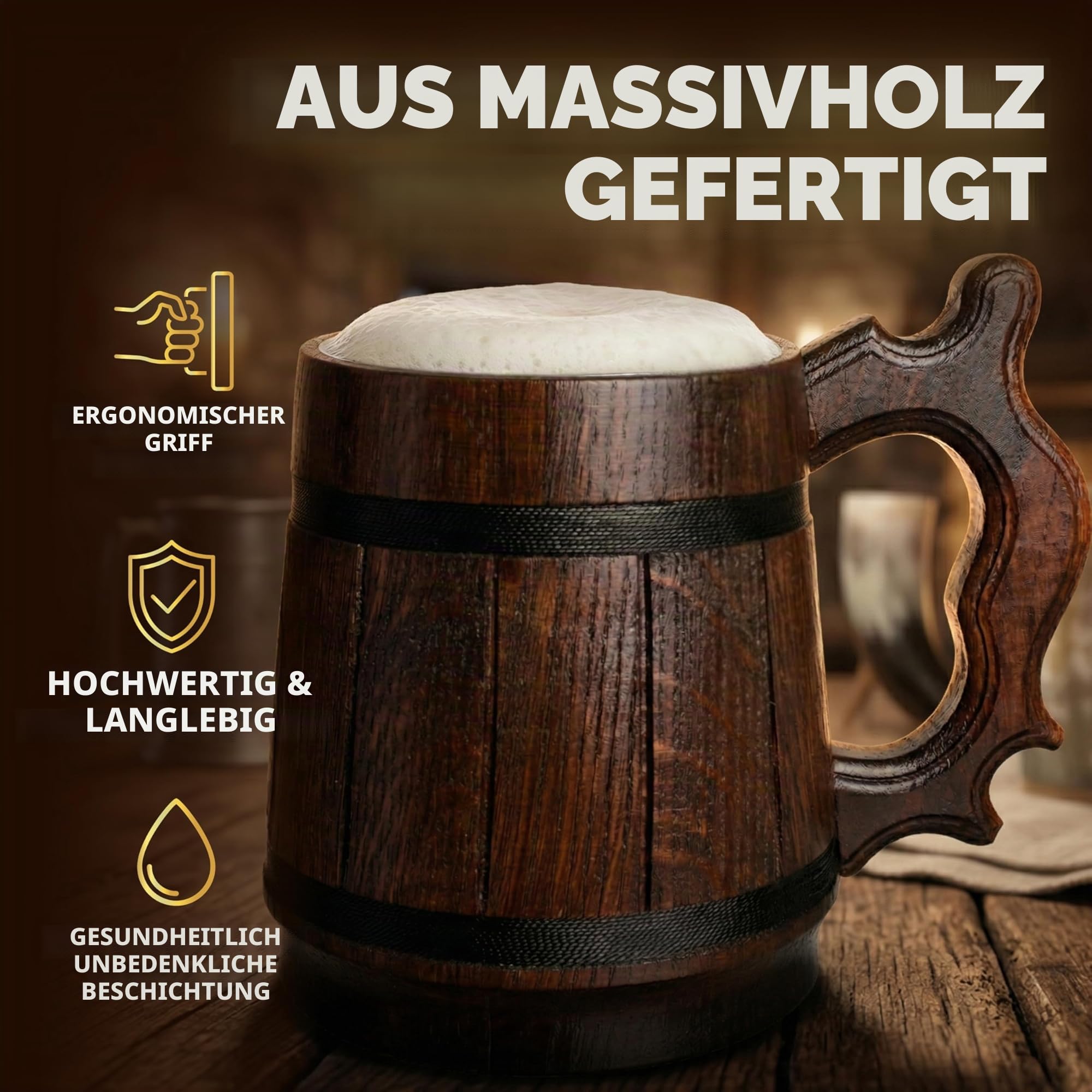 Handgefertigter Bierkrug aus Eichenholz Edelstahl Tasse Natürlich Umweltfreundlich 0,6 Liter 20 Unzen Krug Retro braun