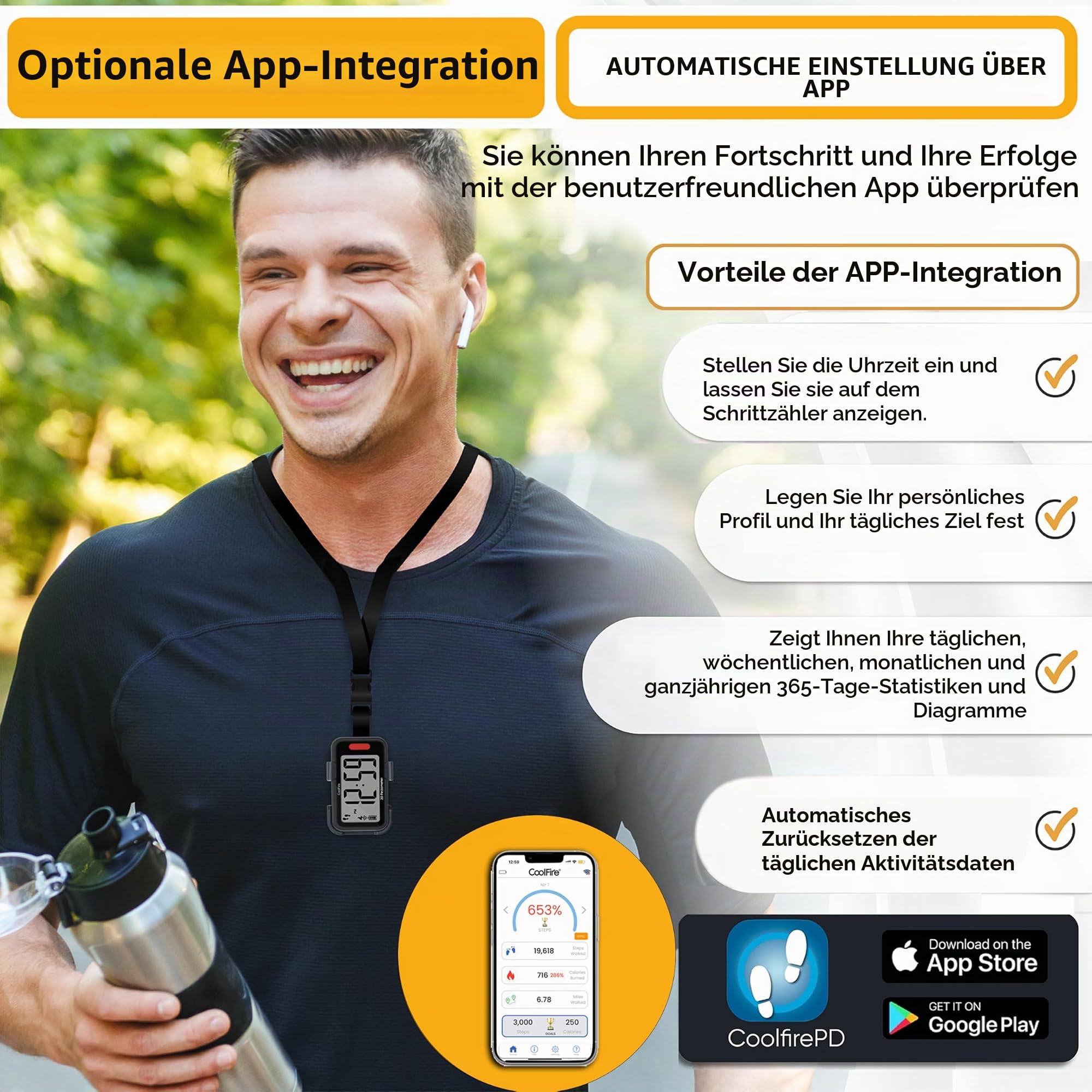 CoolFire - Clip-On 3D Schrittzähler Schrittzähler für Schritte, Meilen & Kalorien | Funktioniert allein oder mit optionaler App | Genauer Indoor- & Outdoor-Fitness-Tracker für Männer, Frauen, Senioren