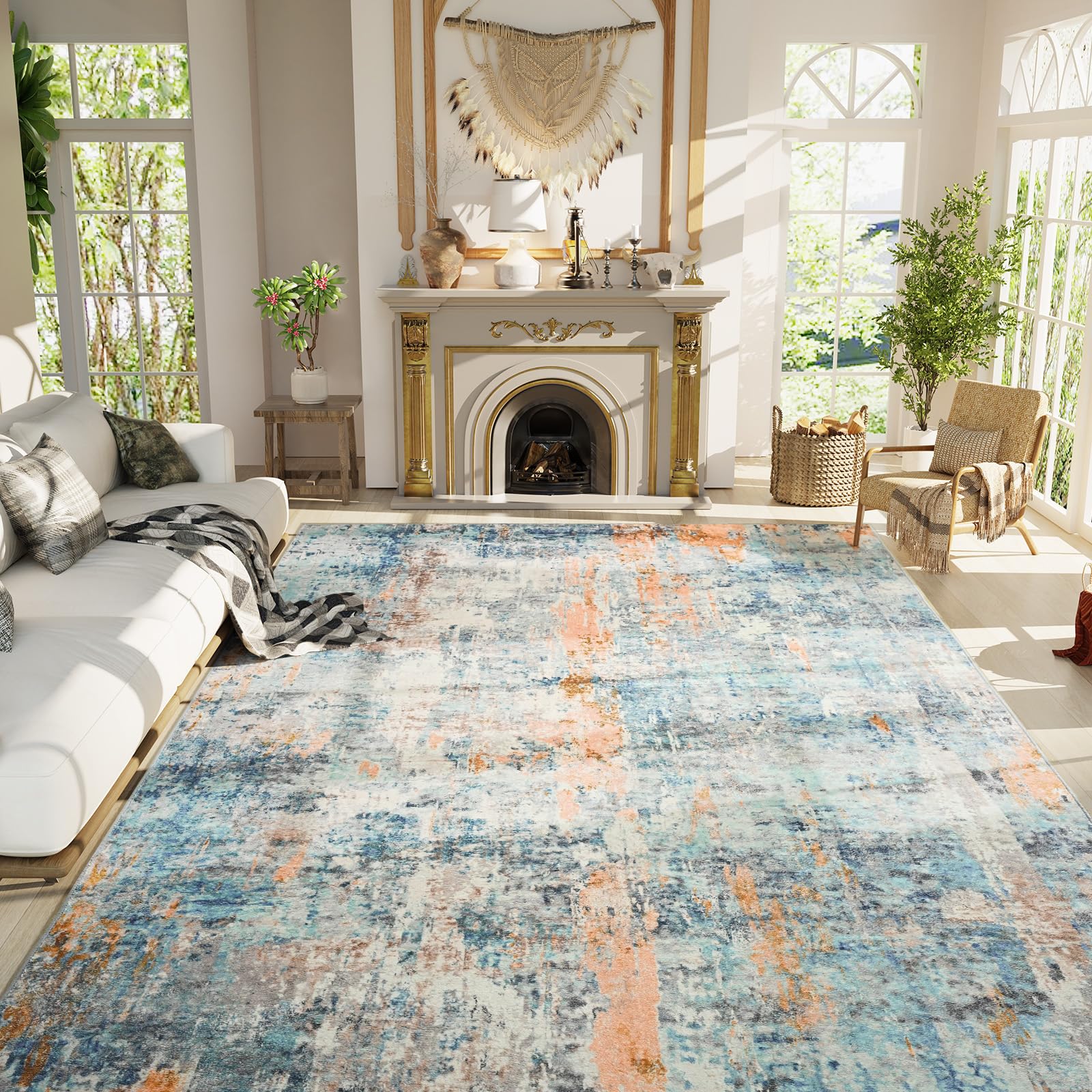 Ompaa Living Room Rug 8x10 Blue Area Rugs Machine Washable Abstract Boho Large Carpet Non-Slip Non-Shedding Faux Wool Indoor Vintage Rugs for Bedroom, Classroom, Dining Room, Kids Playroom — image 1