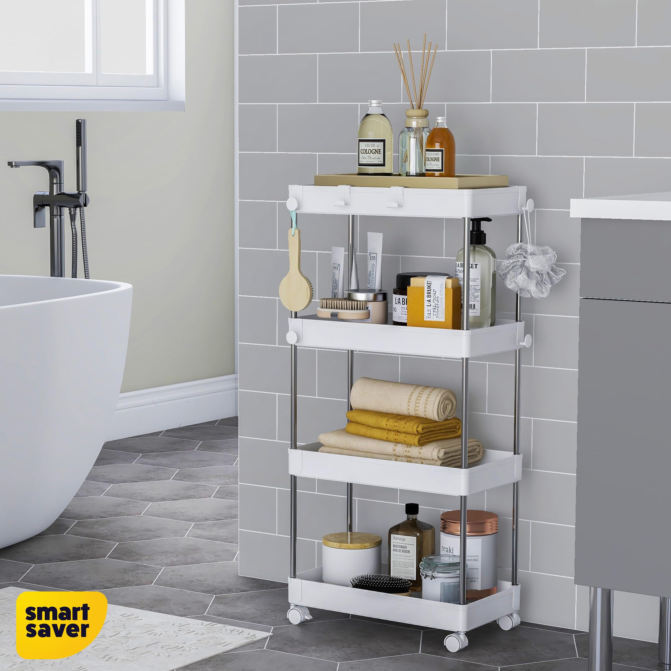 Smart Saver Stainless Steel Storage Multi Utility Trolley cart Caddy, 4-Tier Storage Rack with Wheels, Multifunctional Suitable for Office Kitchen Bathroom, W22 x D40 x H85cm, White 4