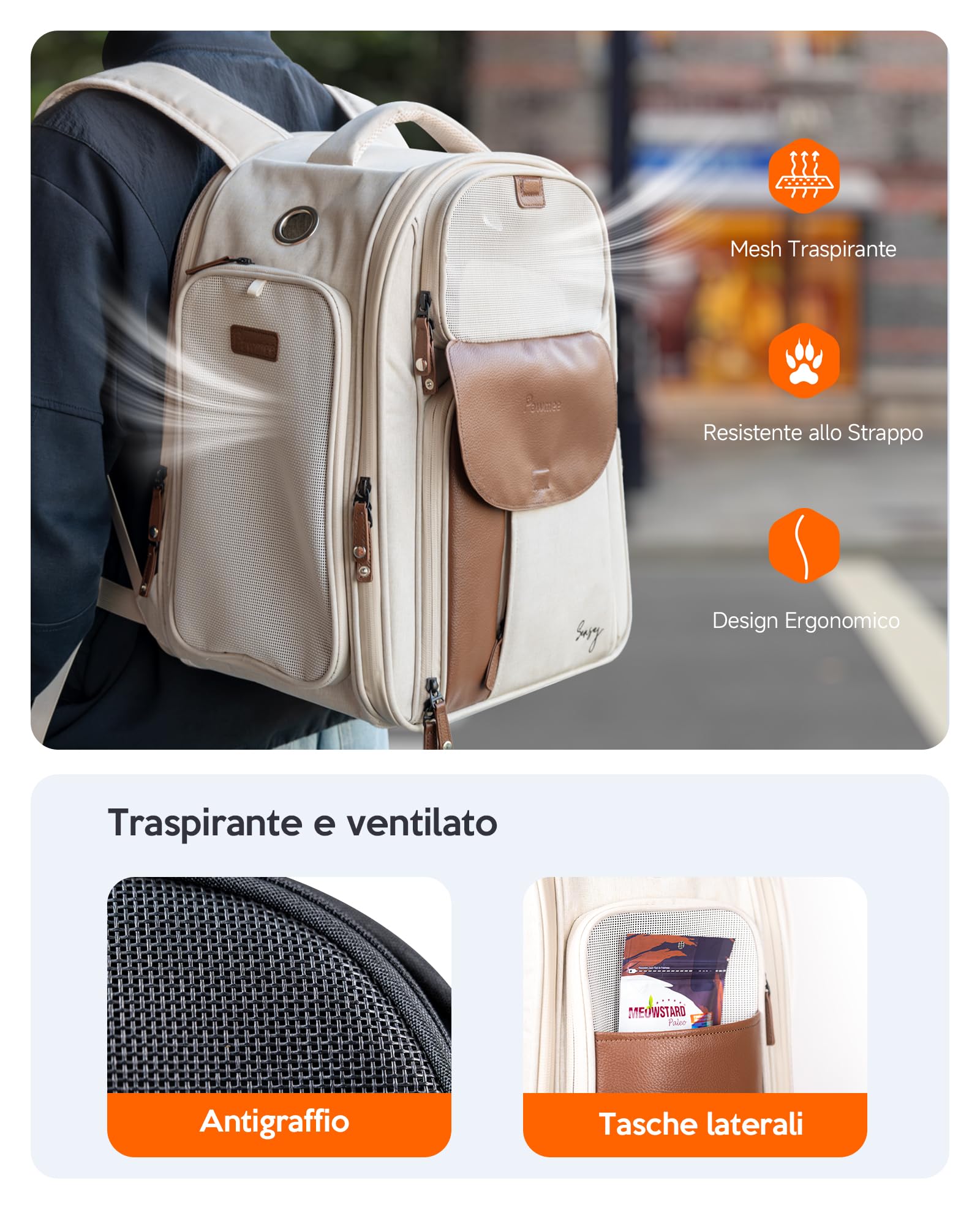 Zaino per Gatti con Portalettiera, Pawmee x Sensej, Portatile e Salvaspazio, Zaino Espandibile con Rete Traspirante, per Gatti Fino a 8kg, Ideale per Viaggi, Escursioni, Black Green