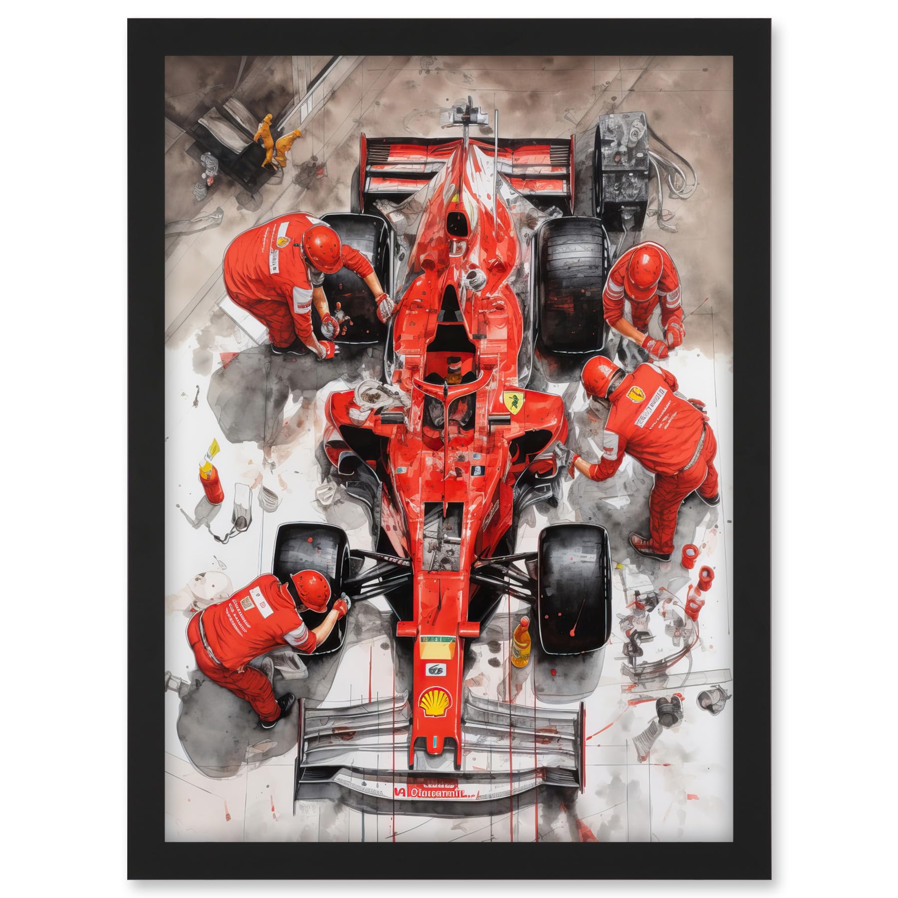Artery8 Grand Prix Race Car Wheel Change Aerial Shot Artwork Framed A3 Wall Art Print
