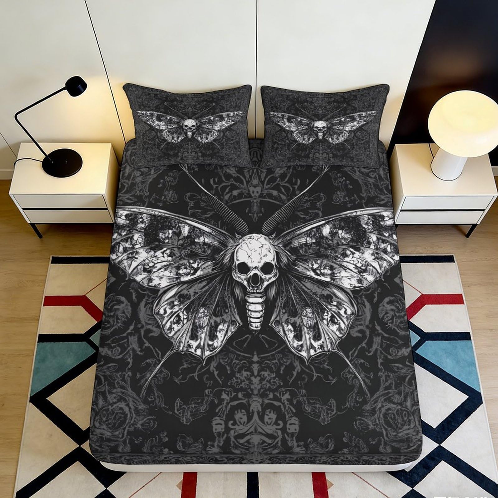3D Printed Skull Moth Fitted Sheet Microfiber Black Gothic Insect Mattress Cover for Bedroom Dorm Easy Care 160x200x25cm