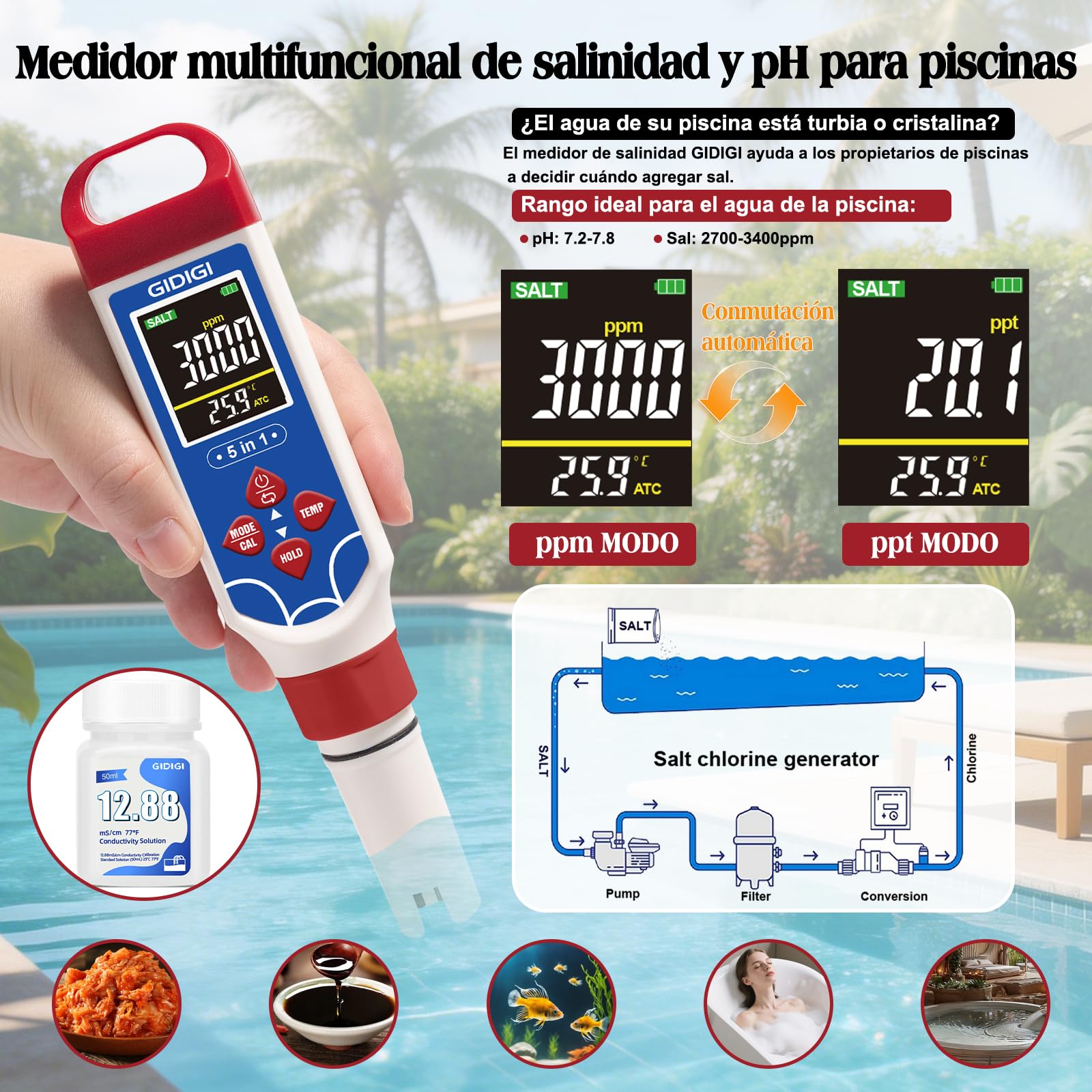Medidor pH Piscina 5 en 1 Medidor de Salinidad con ATC y Función de Reinicio pH, Medidor de TDS EC para Agua Potable Medidor Sal Piscina Portátil Comprobador Salinidad para Pecera Acuarios Spa
