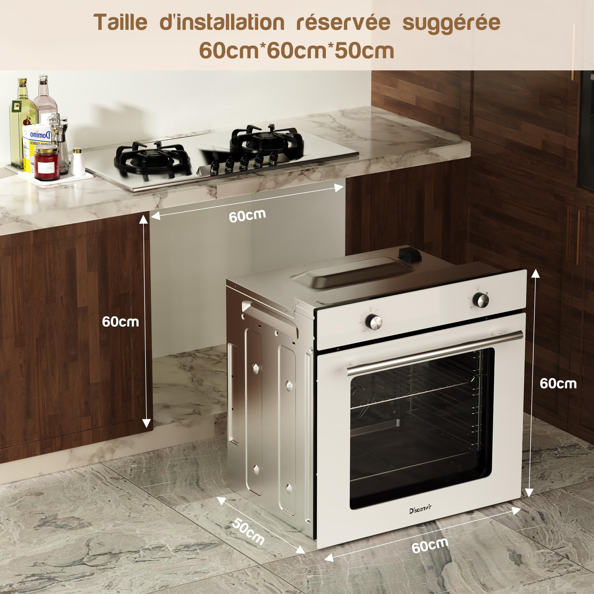 Four encastrable 60 cm Disaenvir, four encastrable blanc 4 fonctions, four avec fonction vapeur 65 L, fonction pizza 2,2 kW, grill, cuisson à chaleur tournante 3D sur 6 niveaux