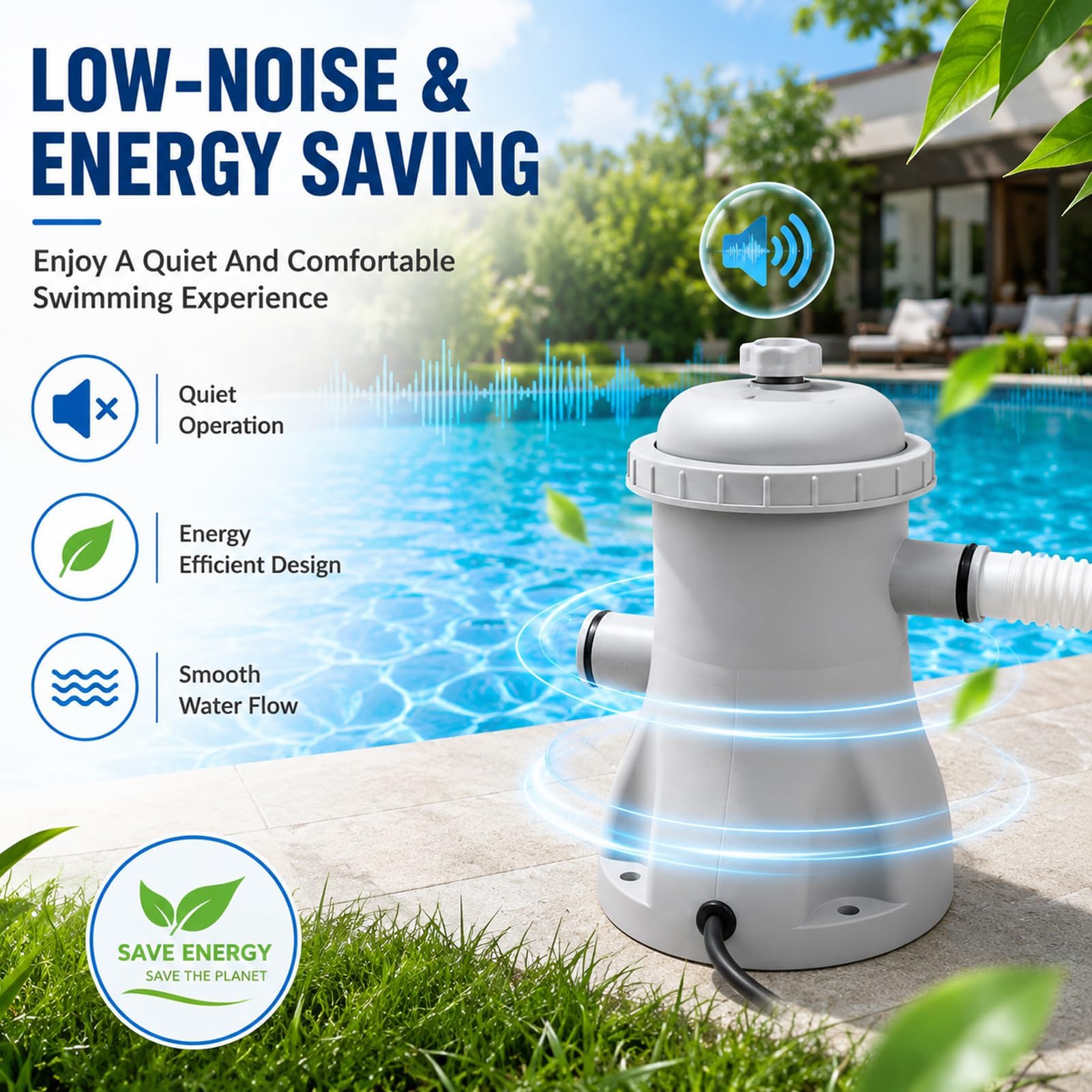 Pompa filtrante per piscina, 330 galloni per piscine gonfiabili fuori terra, pompe efficienti per filtri a cartuccia, sistema di pompe di filtri elettrici, tubi da 32 mm, 16 W a basso rumore