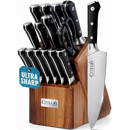 Cutluxe 15-Piece Knife Set – Premium Walnut Wood Block – Knife Set for Kitchen, Ultra Sharp High Carbon German Stainless Steel, Full Tang – Artisan Series