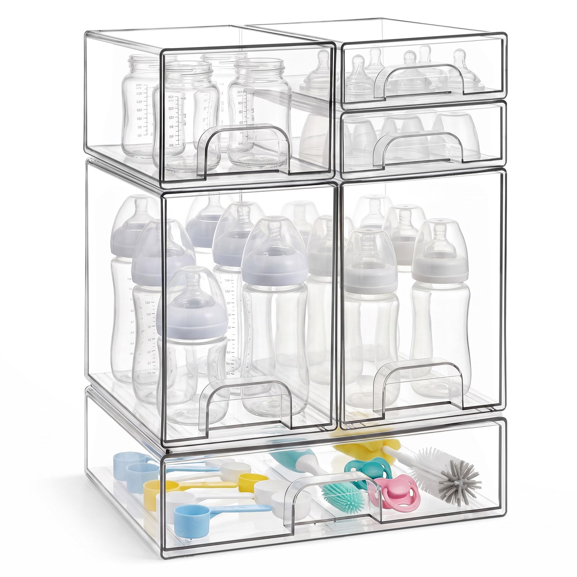 Baby Bottle Organizer, 6-Piece Clear Acrylic Stackable Storage Drawers