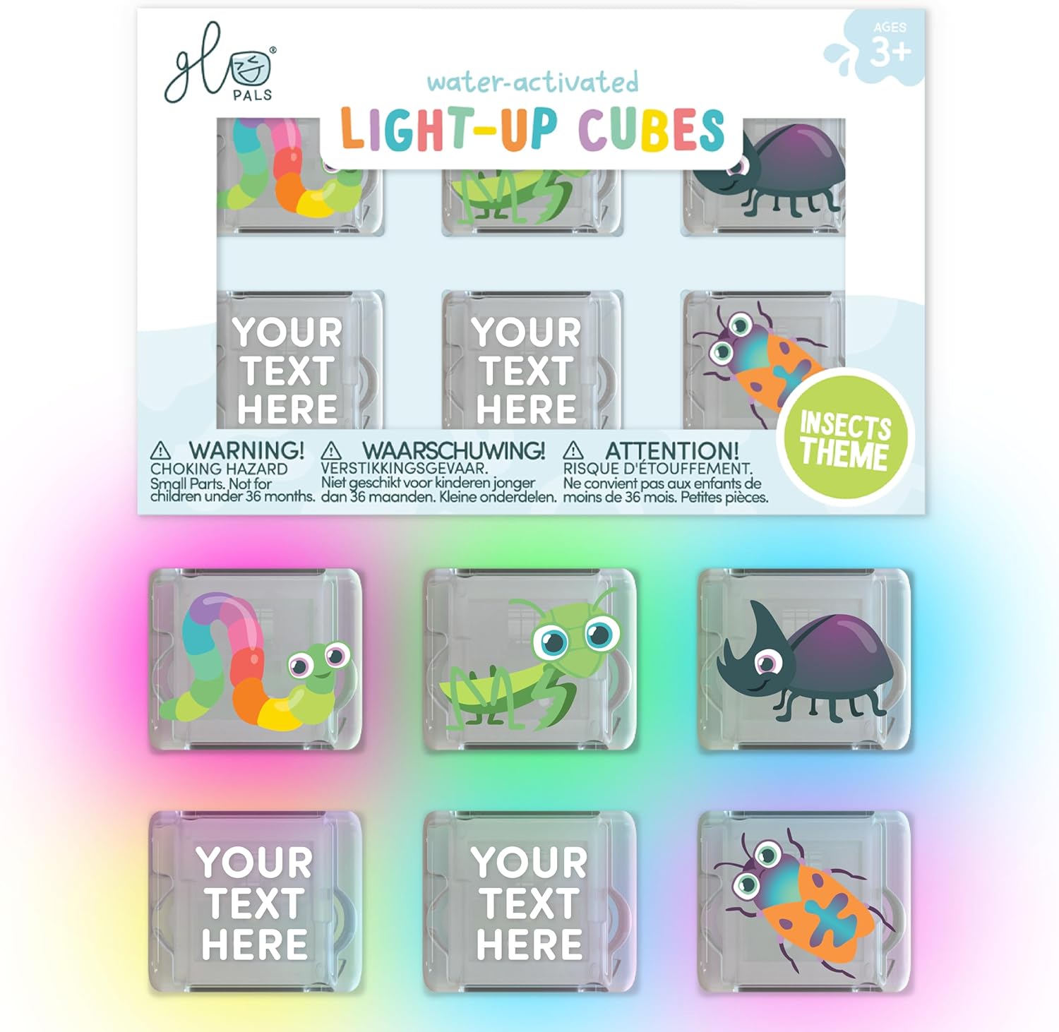 Glo Pals Personalized Hoppy Easter Water-Activated Light-Up Cubes Bath Toy – 6 Pack Easter Basket Stuffers for Kids, Custom Name Light Up Bath Cubes, Sensory Bath Toys, Easter Toys for Toddlers