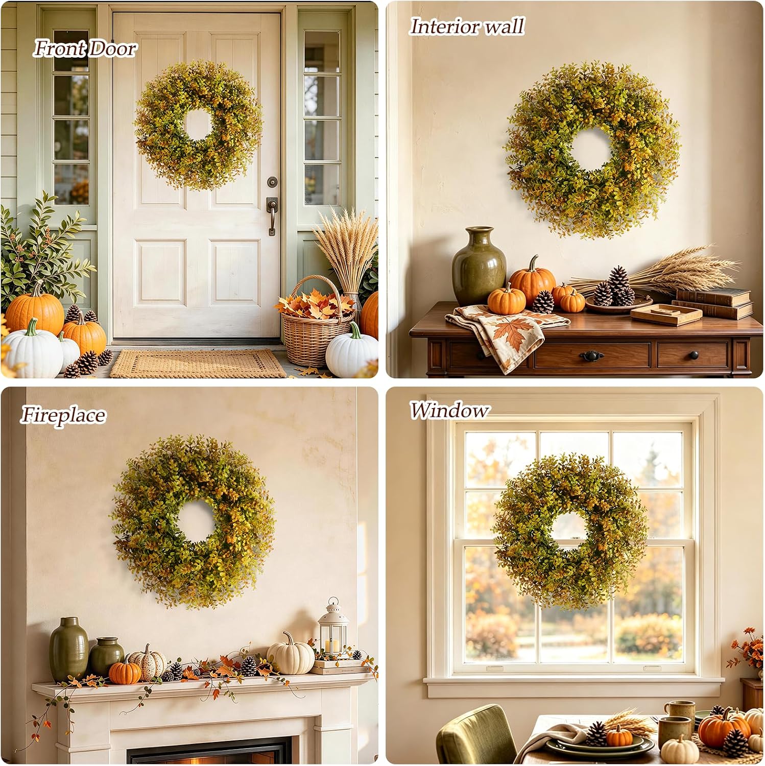 26" Fall Boxwood Wreath for Front Door - Thanksgiving Outdoor Home Decor
