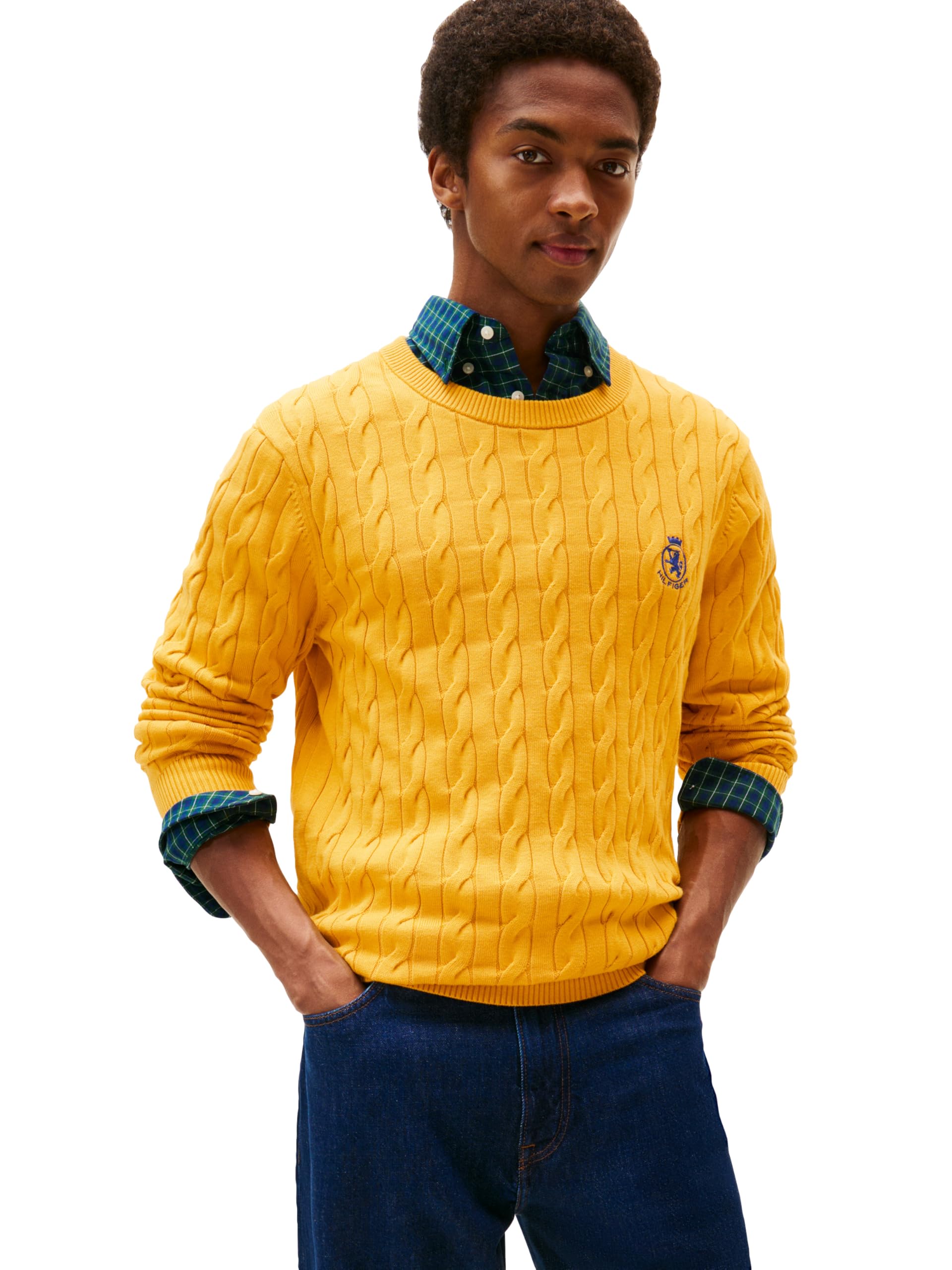 Tommy Hilfiger Men's Crest Cable Knit Crewneck Sweater Lightweight Pullover, Countryside Yellow, XL