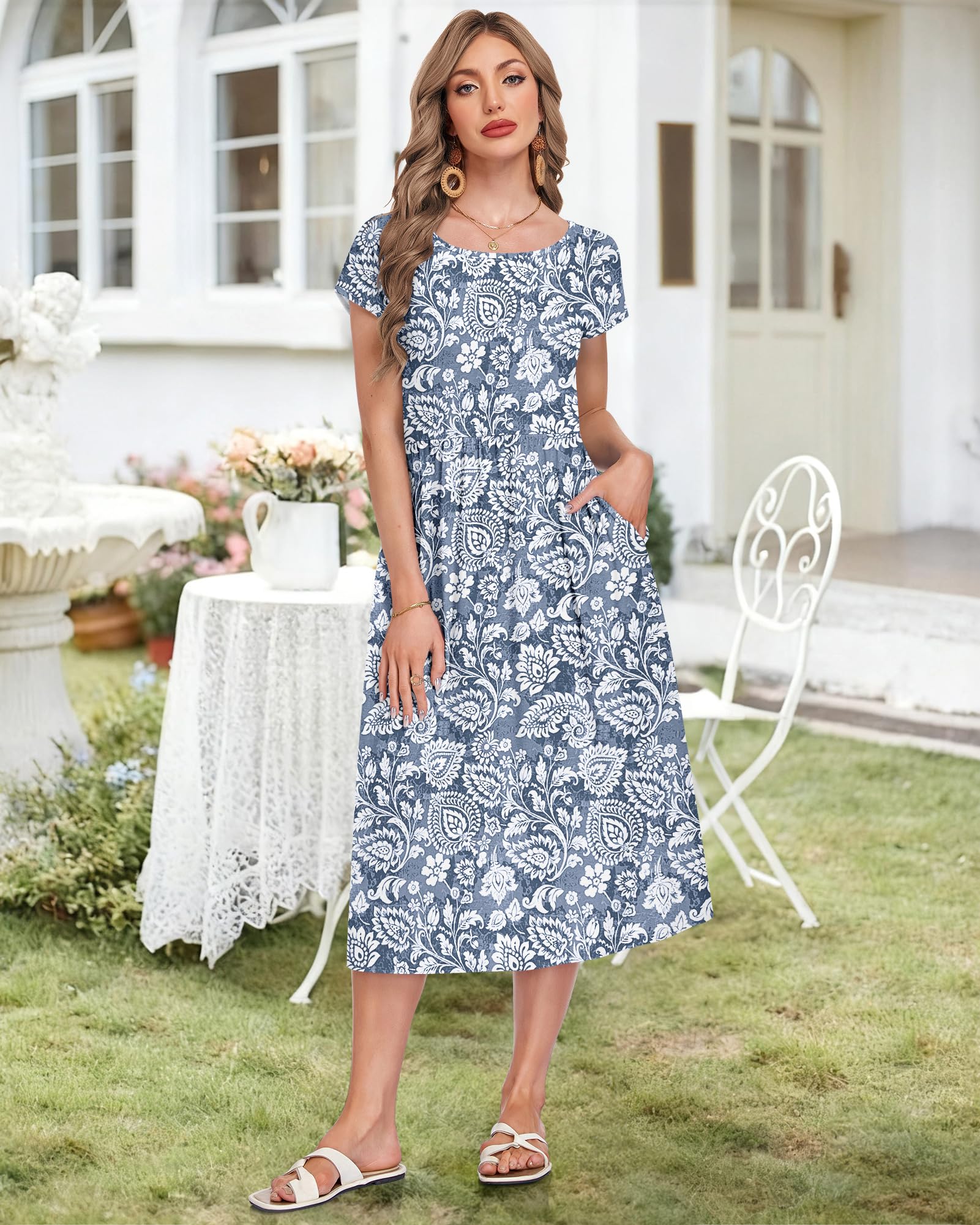 AUSELILY Vestido Verano Manga Corta y Largo Midi para Mujer Vestidos Holgado con Cuello Redondo y Bolsillos