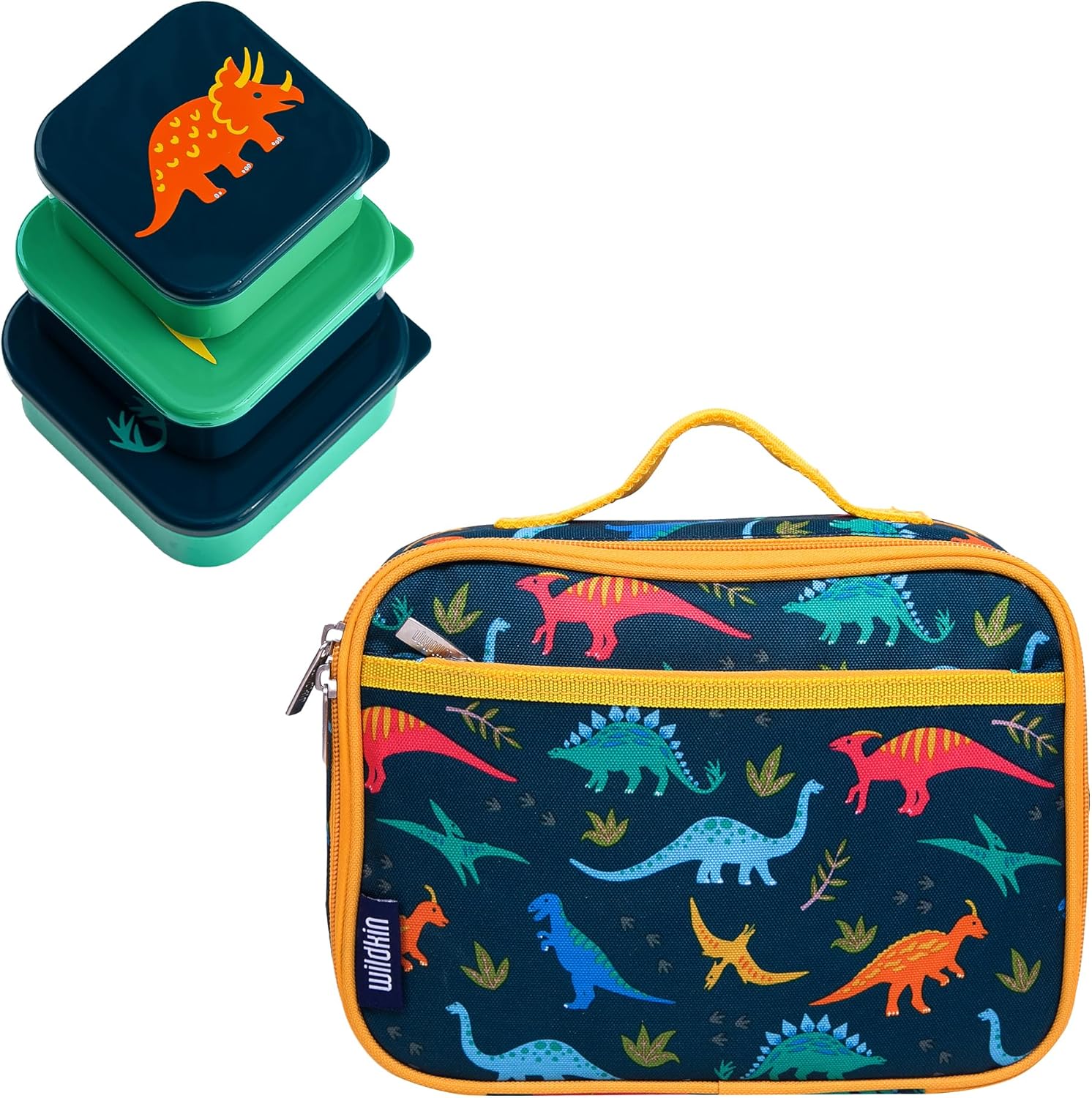 Wildkin Kids Lunch Box & Nested Snack Containers Bundle – Organized, Reusable, Keeps Food Fresh for School & Travel - Jurassic Dinosaurs
