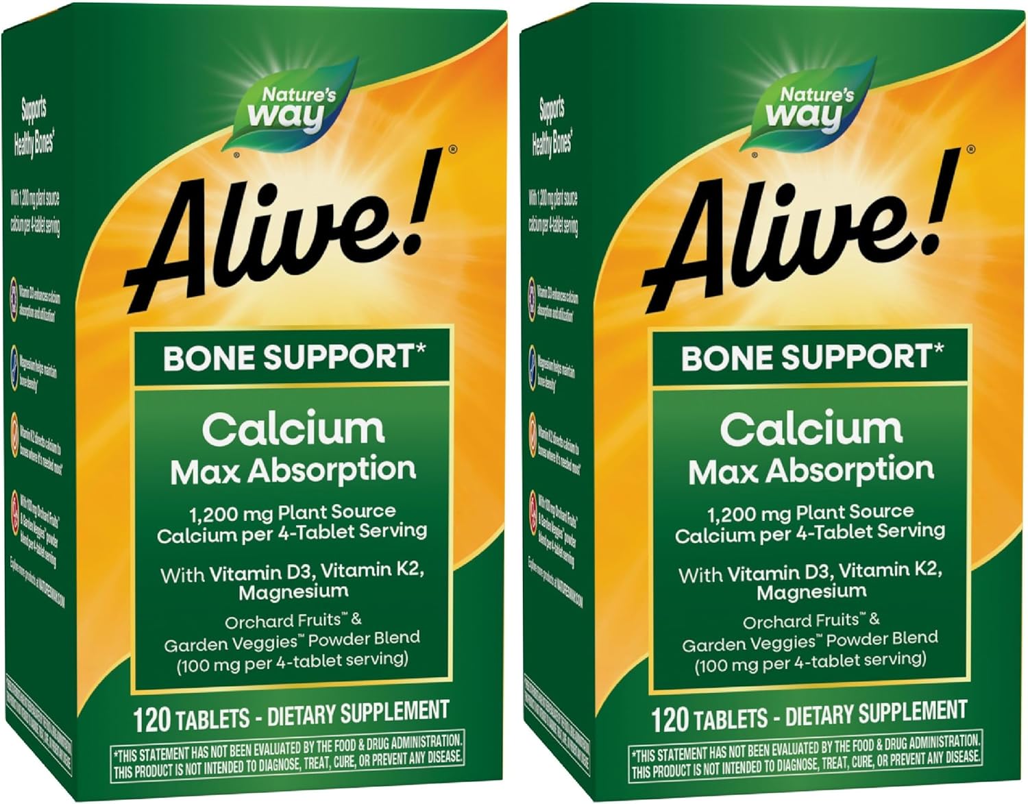 Nature's Way Alive! Calcium Max Absorption 1200 mg Calcium per 4 Tablets with Vitamin D3, Bone Support*, Vitamin D3 & K2, Magnesium, 120 Tablets (Packaging May Vary), (Pack of 2)