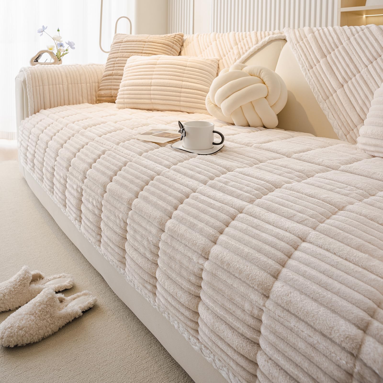 vctops 3D Striped Faux Fur Couch Cover Soft Cozy Fluffy Fuzzy Sectional Couch Cover Non Slip Thick Warm Sofa Slipcover Washable Furniture Protector (