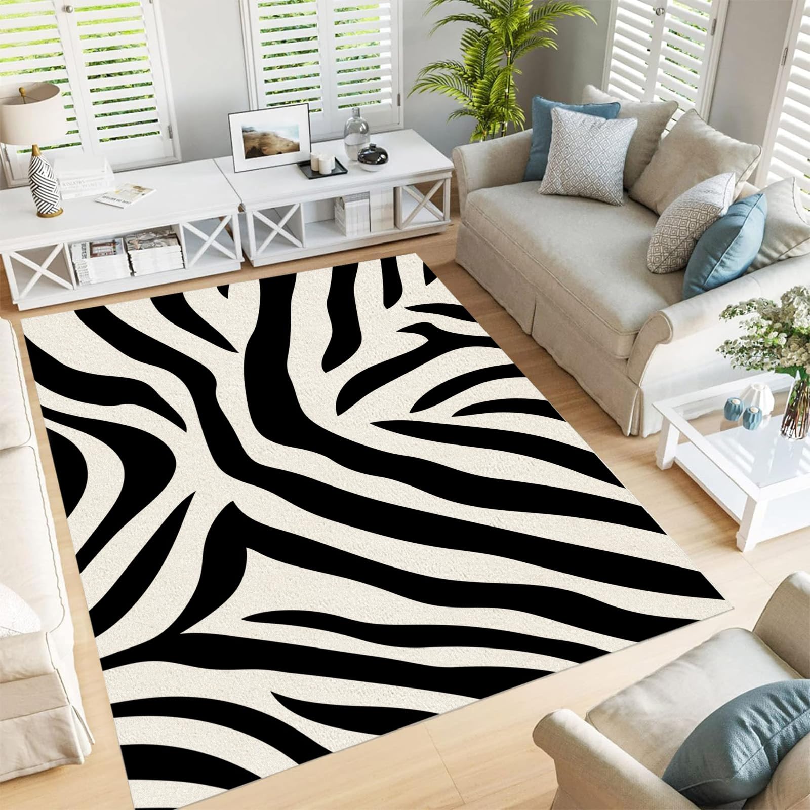 Tapis de salon lavable 160x230cm à motif zèbre noir et blanc moderne
