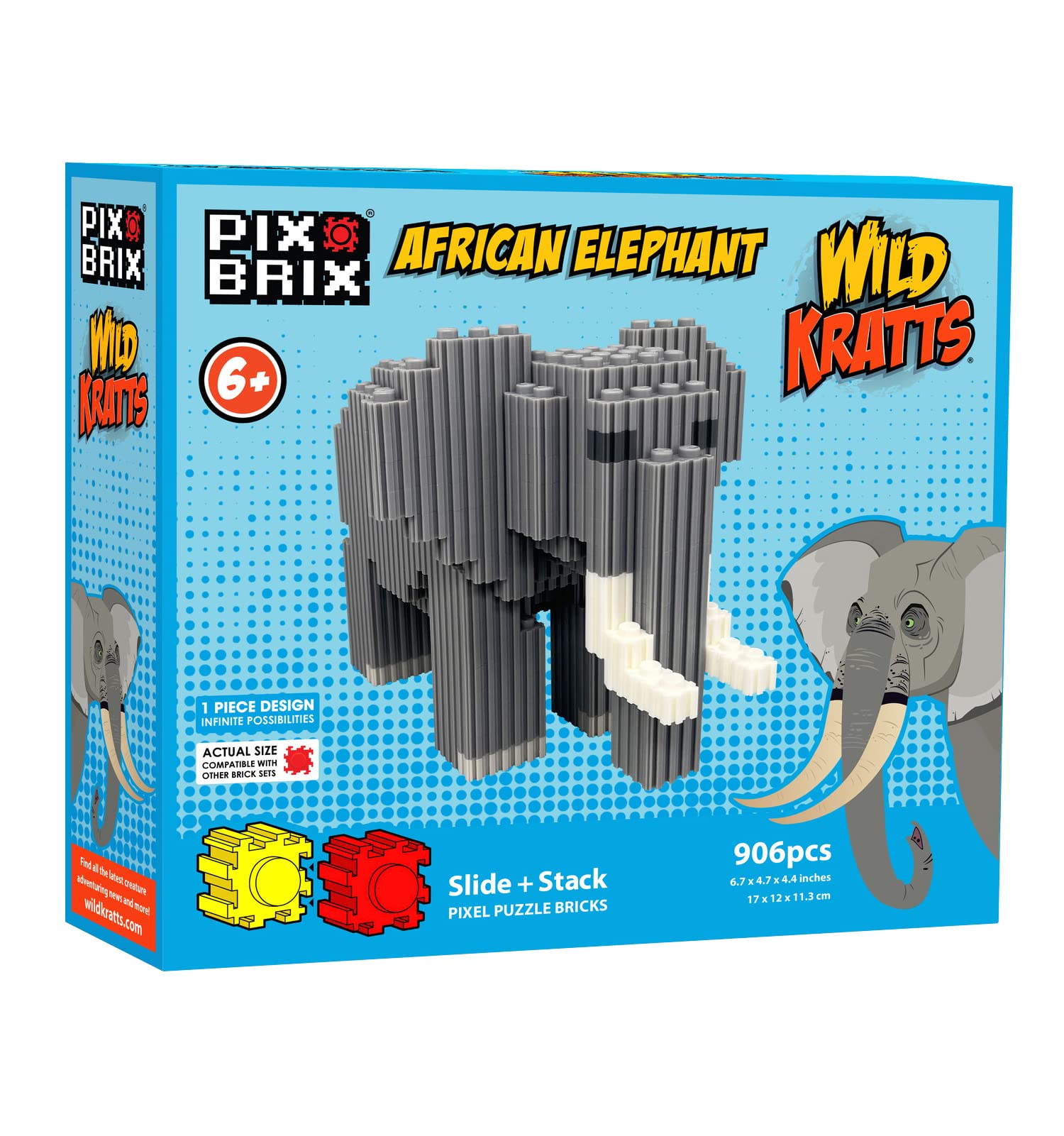 Pix BrixWild Kratts Pixel Art Kit - African Elephant, 906 Pieces - Patented Slide + Stack Pixel Puzzle Building Bricks, Build & Collect Wild Kratts Animals - Stem Toys, Ages 6 Plus