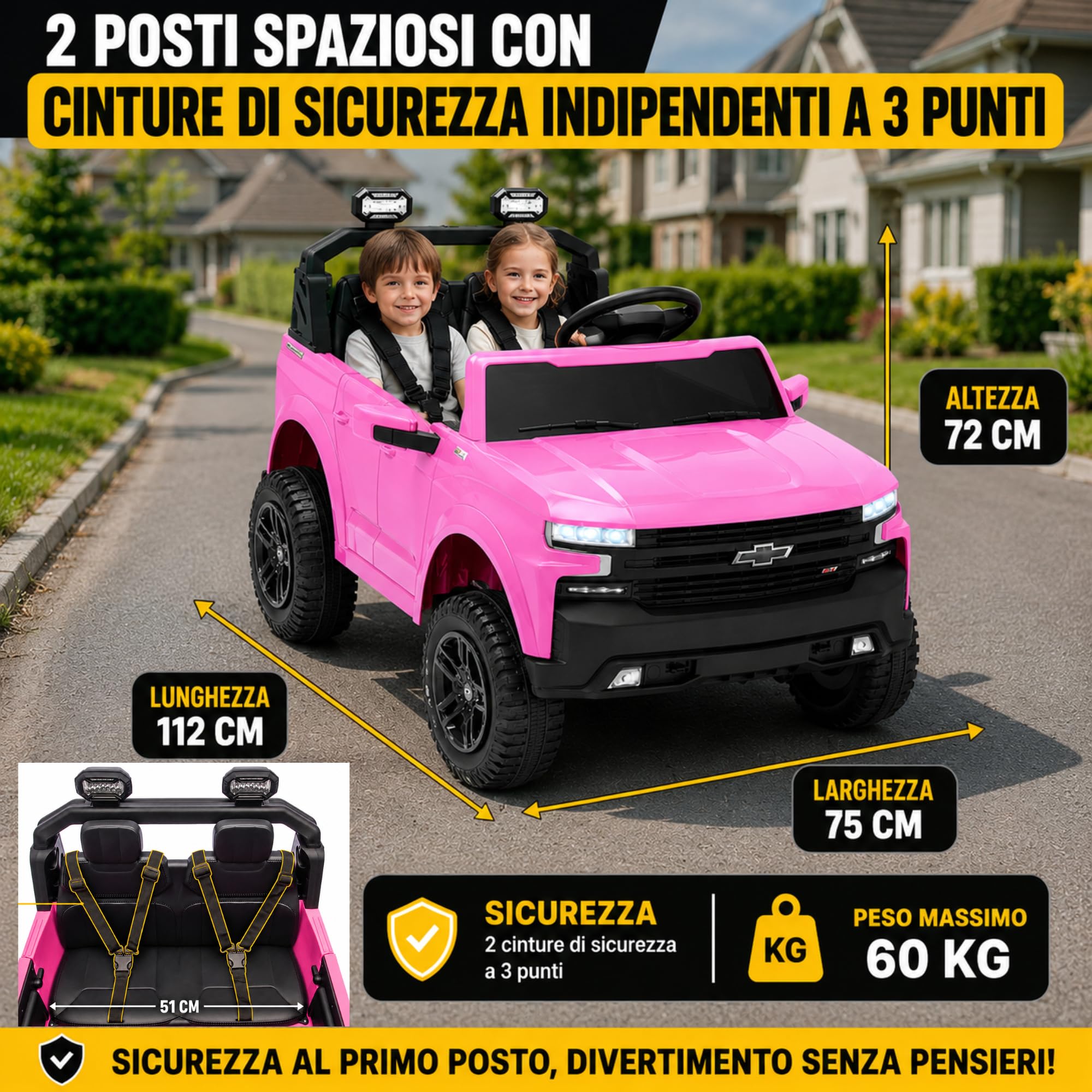 Chevrolet Silverado ZR2 24V Maxi Fuoristrada 2 Posti Auto Macchina Elettrica per Bambini Telecomando Luci a Led Bluetooth Ammortizzatori Carico Massimo 60 Kg (Rosa)