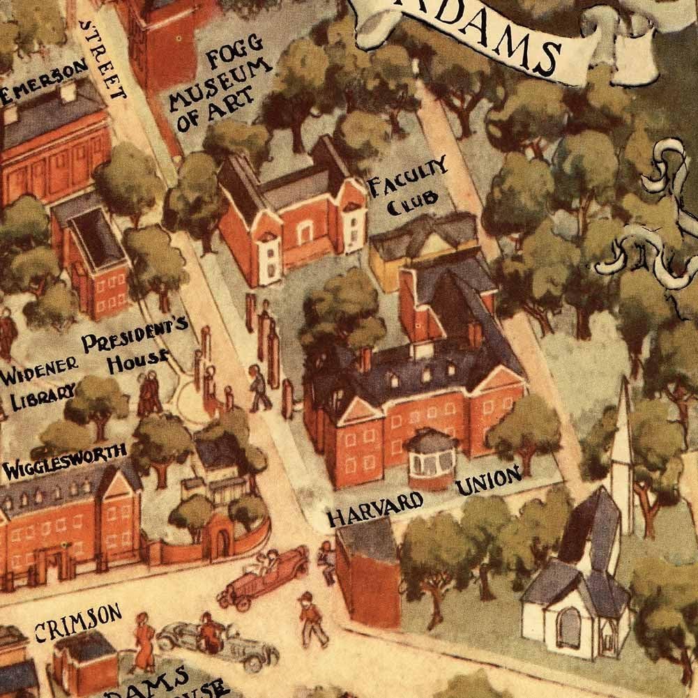 Antiguos Maps Harvard University and Radcliffe College Illustrated Campus Print | Cambridge, Massachusetts circa 1935 | Vintage Art Wall Decor | 24 x 36 inches (610 x 915 mm)