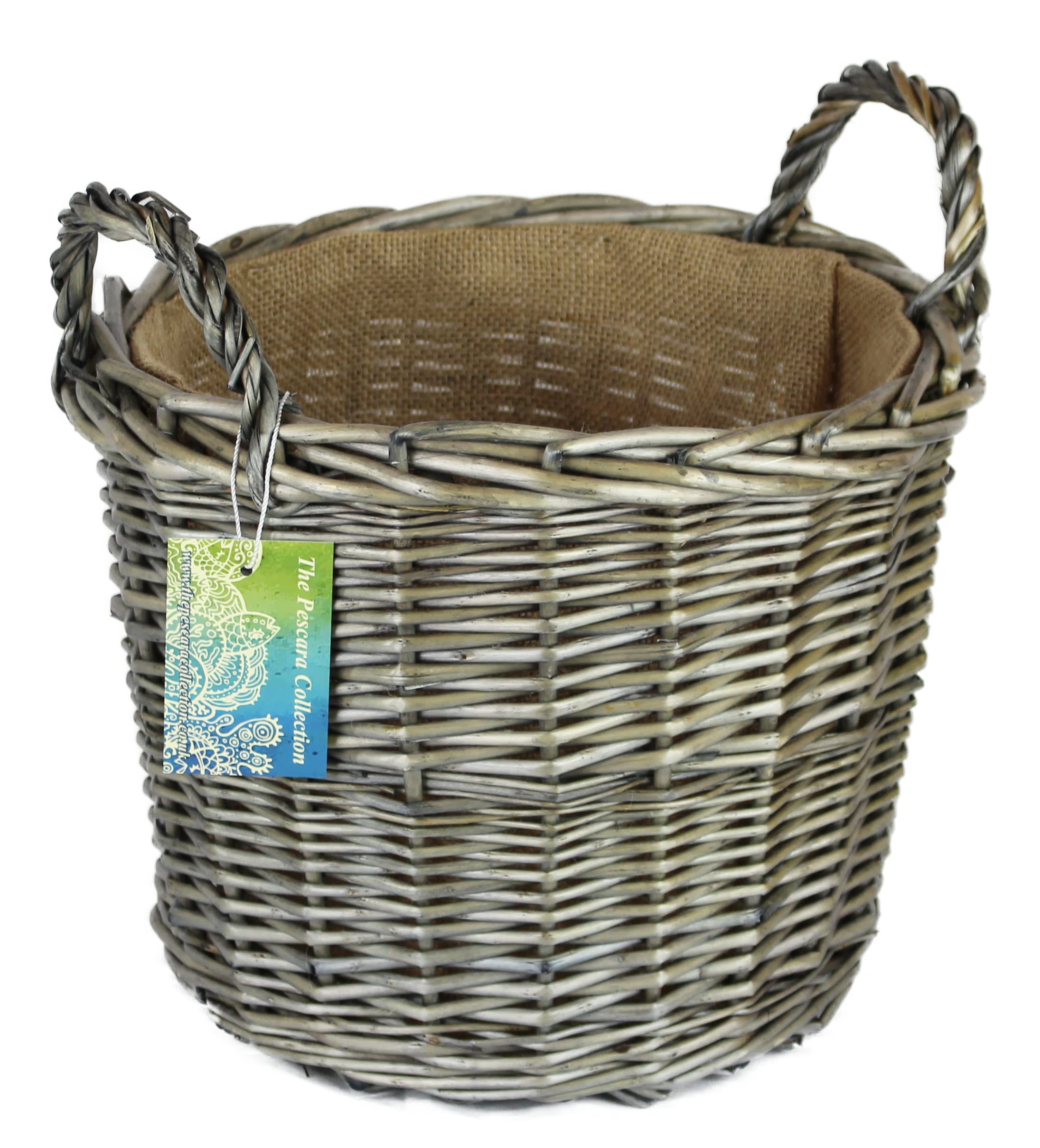 The Pescara Collection Grey Round & Antiqued Wicker Log Baskets. Hessian Lined. Wood & Kindling Storage For Home Hearths And Fireplace. Large Wood Burner Bin (Wicker Handle, 34 Cm)