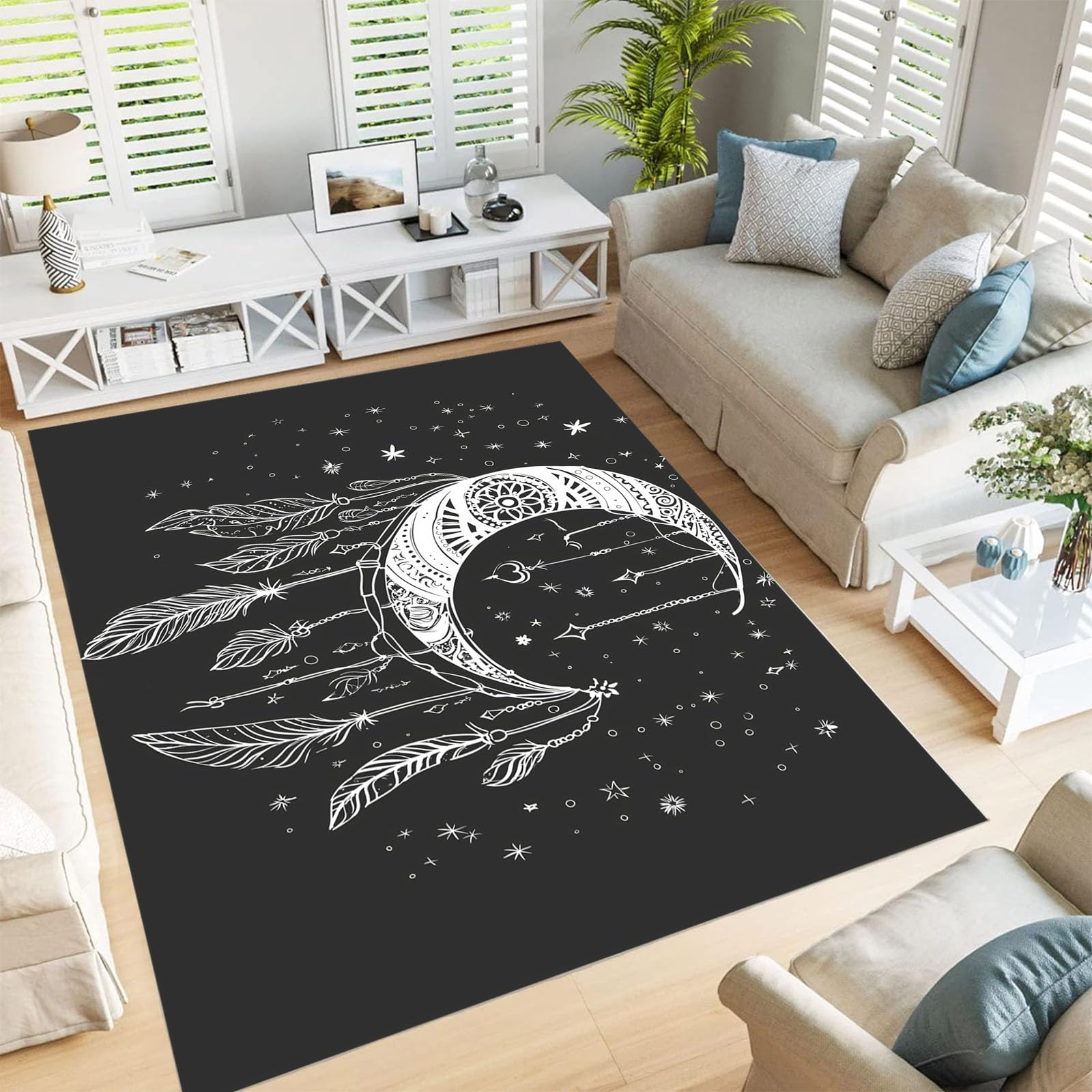 Tapis lune attrape-rêves pour chambre bohème chic noir blanc 200x300