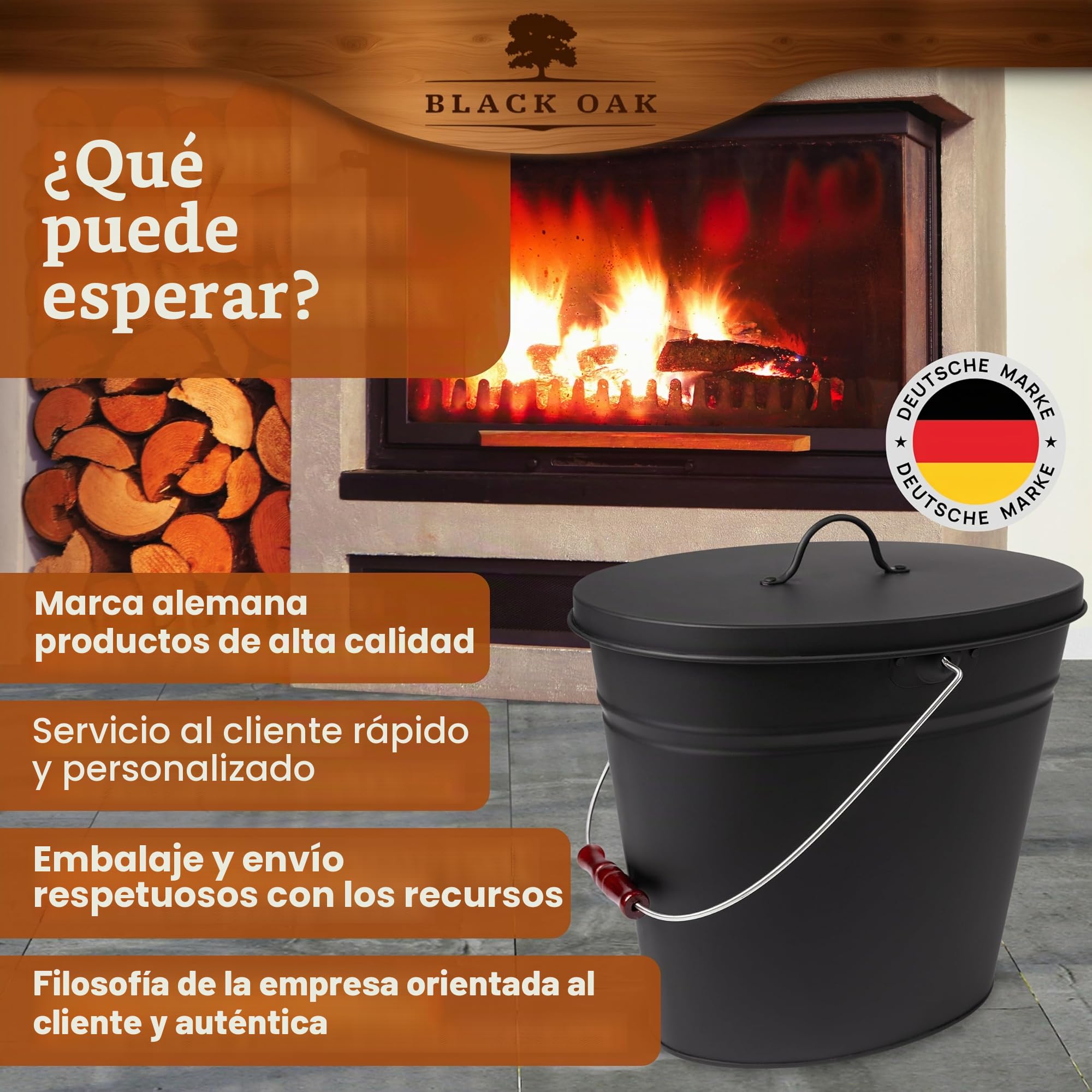 BLACK OAK Ascheeimer Vesuvio 15L – negro ovalado con tapa - grande 15 litros - acero resistente al fuego galvanizado y con recubrimiento en polvo, cubo para cenizas y carbón, accesorio ideal para
