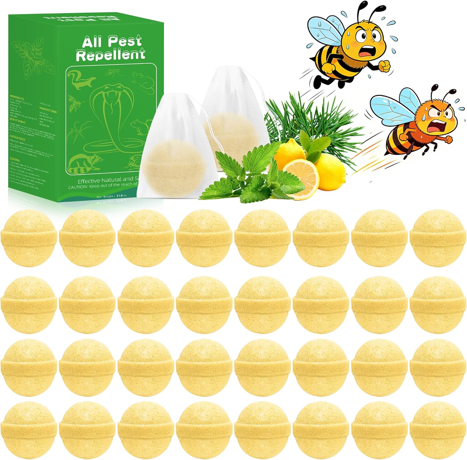 36 PCS Wasp Repellent Balls, Peppermint Oil Bee Repellent for Indoor Outdoor Home Kitchen, Natural Pest Deterrent, Repels Bee, Yellow Jacket, Hornet, Wasp, Safe for Pet Kids