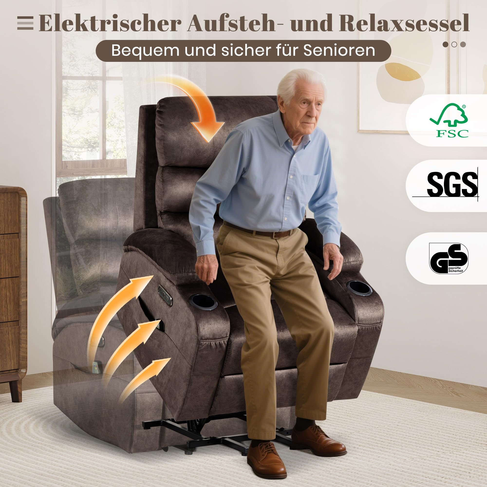 Elektrischer Aufstehsessel für Senioren, Relax- & Fernsehsessel mit Aufstehhilfe, stufenloser Liegefunktion, Massage & Heizfunktion, USB & Typ-C, Seitentaschen, Getränkehalter (Braun)