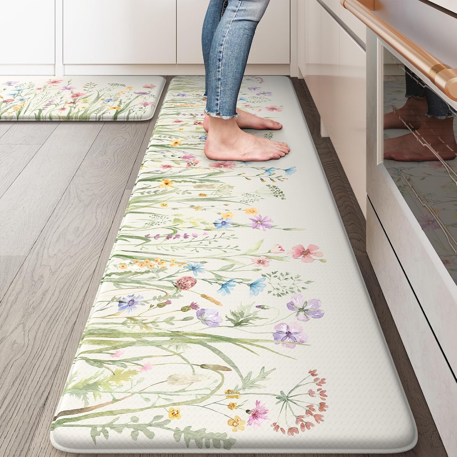 KIMODE Anti Fatigue Kitchen Mats for Floor, Farmhouse Floral Kitchen Rugs Set of 2, 17″x59″+17″x29″ Kitchen Floor Mats Non-Slip, Cushioned Standing Mat for Sink, Laundry, Desk, Home White KIMODE Anti Fatigue Kitchen Mats for Floor, Farmhouse Floral Kitchen Rugs Set of 2, 17″x59″+17″x29″ Kitchen Floor Mats Non-Slip, Cushioned Standing Mat for Sink, Laundry, Desk, Home White
