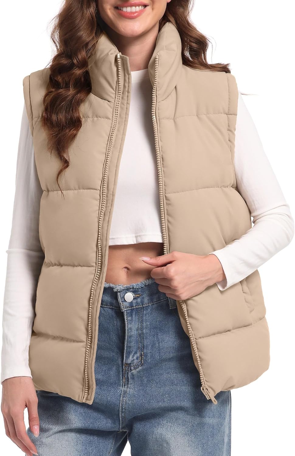 WHN Women's Puffer Vest Outerwear Lightweight Winter Warm Zip Up Stand Collar Sleeveless Padded Jacket with Pockets S-XL