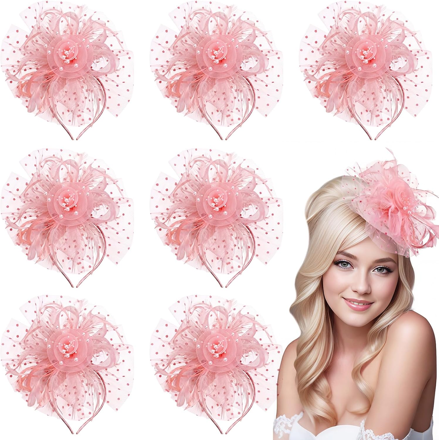 8 Pcs Fascinators Hat, 20s 50s Pillbox Hat, Flower Mesh Ribbons Feathers on a Headband and a Clip, Cocktail Tea Party Headwear Gift for Women Costume Accessories, Photo