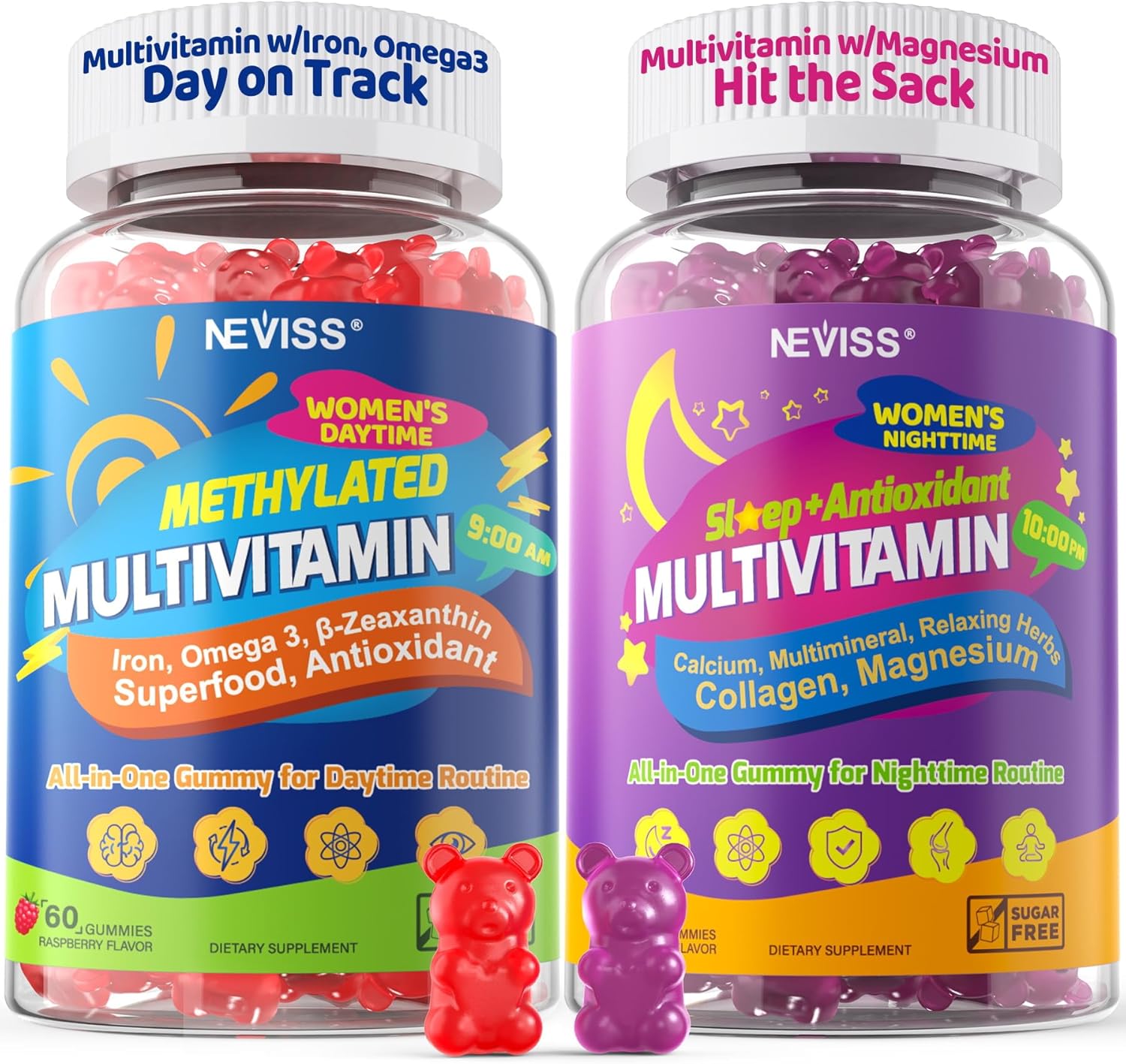 NEVISS 52-in-1 Methylated Multivitamin for Women Gummies with Iron, Omega-3, B6 B9 B12 for Day | Magnesium Glycinate, Calcium, Collagen for Night Renewal/Sleep, Womens 18 30 40 50 60 70+ AM PM Daily