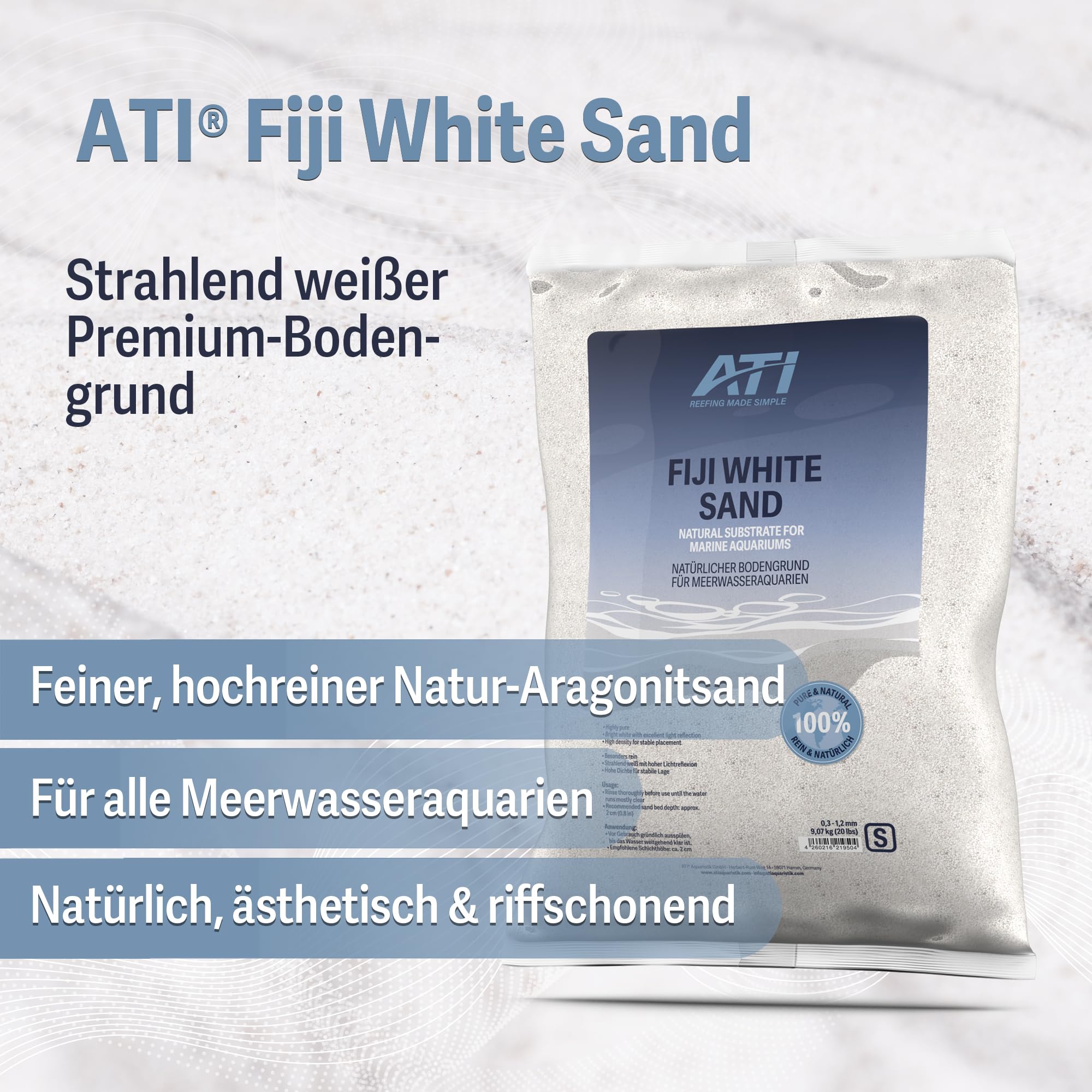 ATI Fiji White Sand M – strahlend weißer natürlicher Bodengrund für Meerwasseraquarien, hohe Reinheit, sehr Gute Lichtreflexion, 1,0–2,0 mm, 9,07 kg
