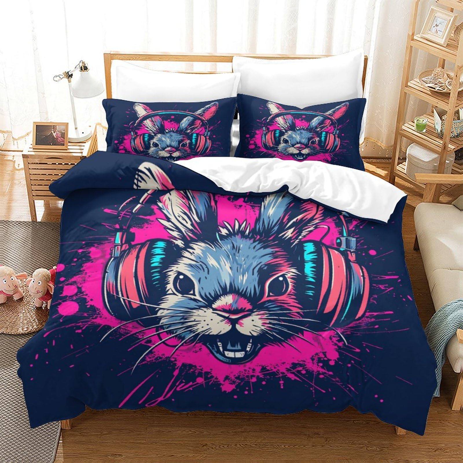 Housse de couette lapin 3D 260x220 avec taies d'oreiller pour grand lit Super King
